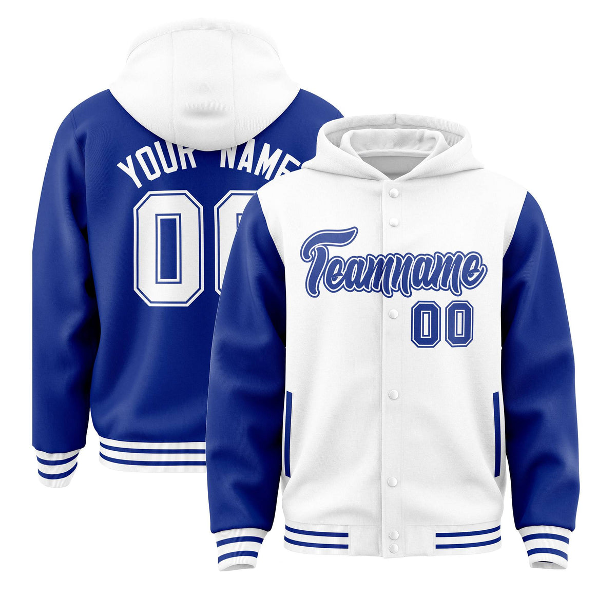 Custom White Royal Raglan Sleeves Varsity Full-Snap Letterman Two Tone Jacket Hoodie| KXKSHOP