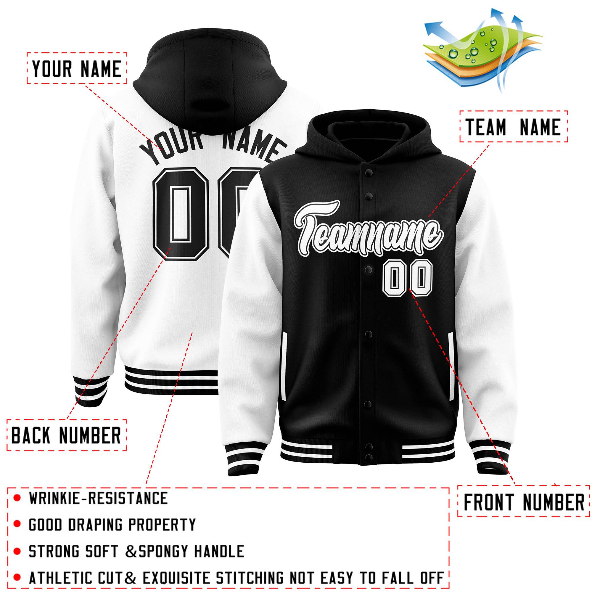 Custom Black White Raglan Sleeves Varsity Full-Snap Letterman Two Tone Jacket Hoodie| KXKSHOP