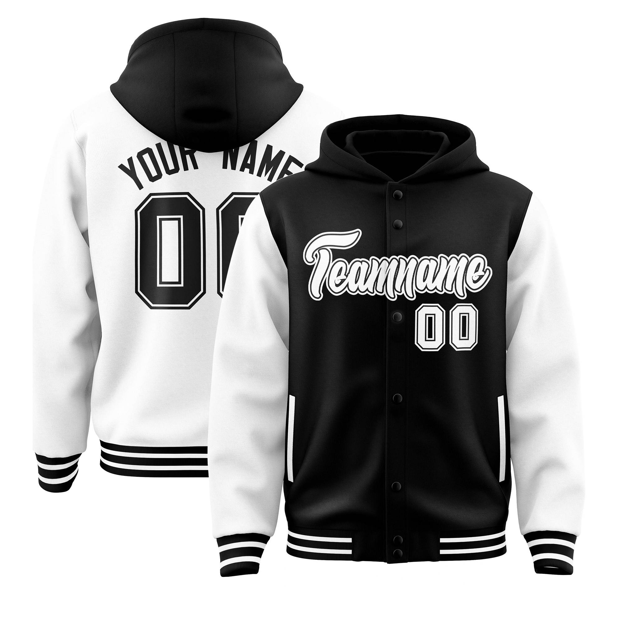 Custom Black White Raglan Sleeves Varsity Full-Snap Letterman Two Tone Jacket Hoodie| KXKSHOP
