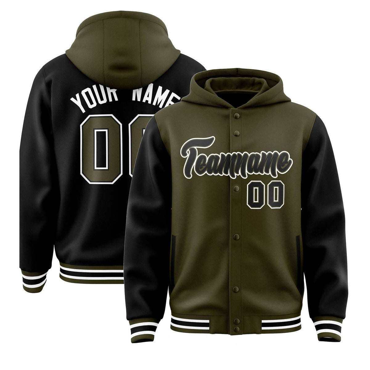 Custom Olive Black Raglan Sleeves Varsity Full-Snap Letterman Two Tone Jacket Hoodie| KXKSHOP