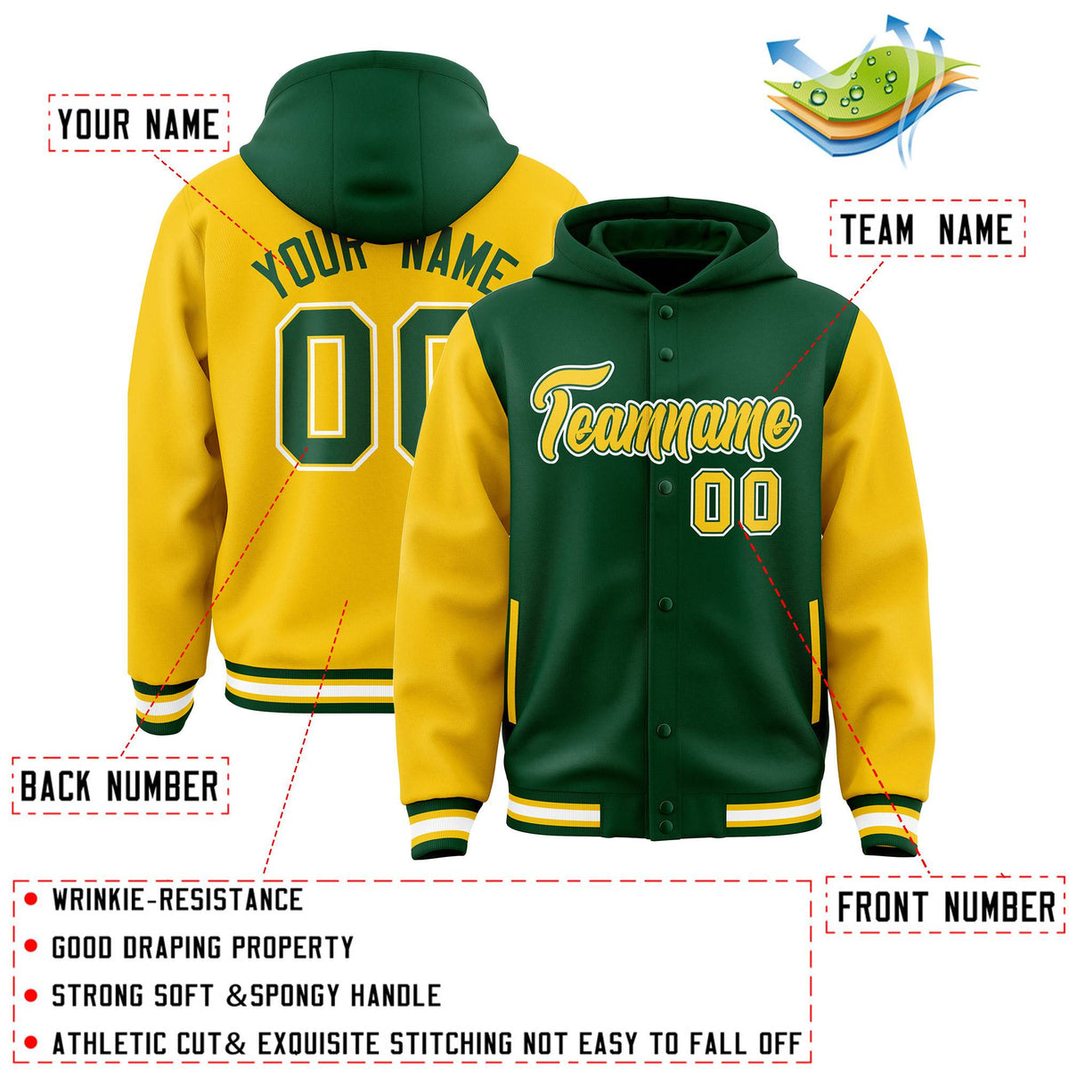 Custom Green Gold Raglan Sleeves Varsity Full-Snap Letterman Two Tone Jacket Hoodie| KXKSHOP