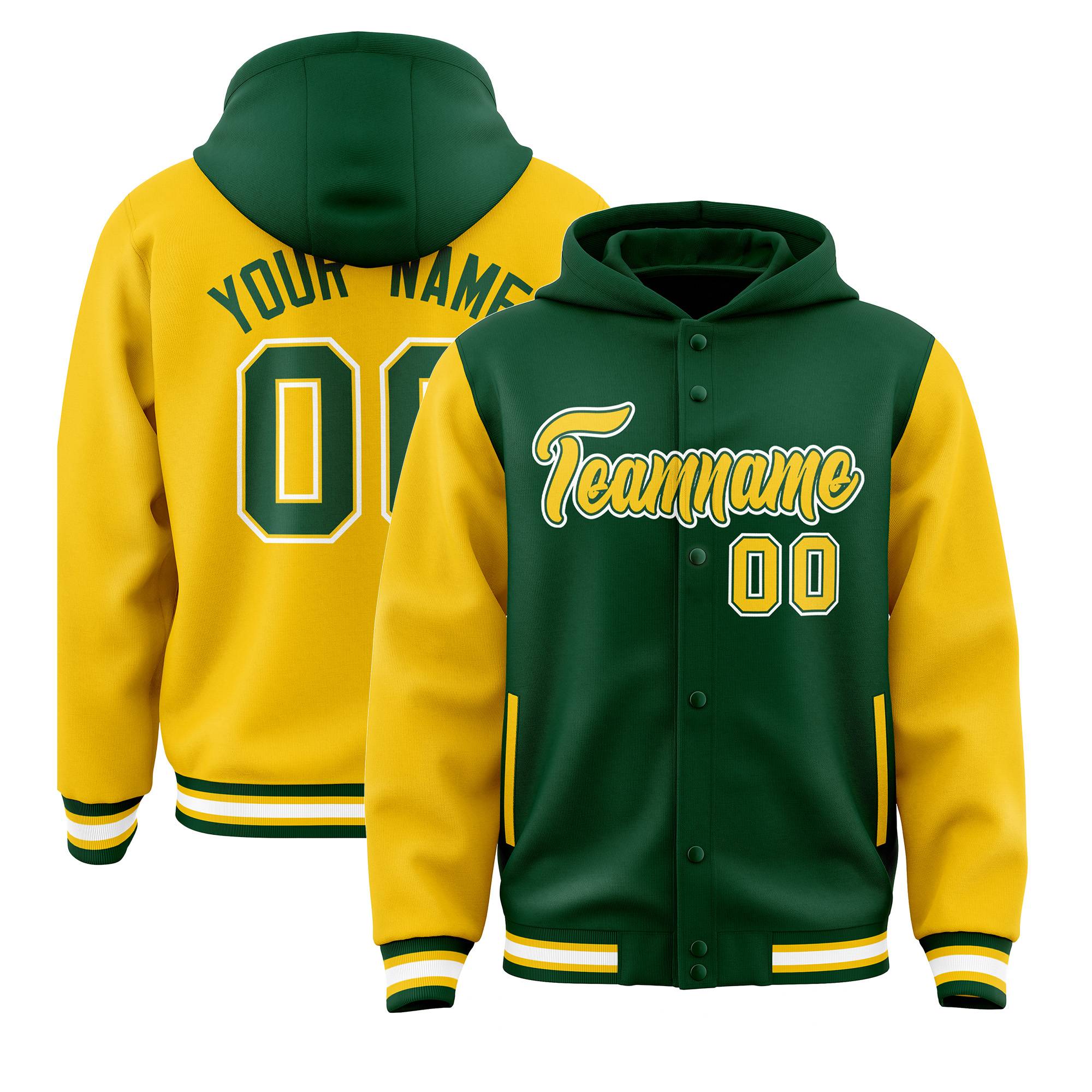 Custom Green Gold Raglan Sleeves Varsity Full-Snap Letterman Two Tone Jacket Hoodie| KXKSHOP
