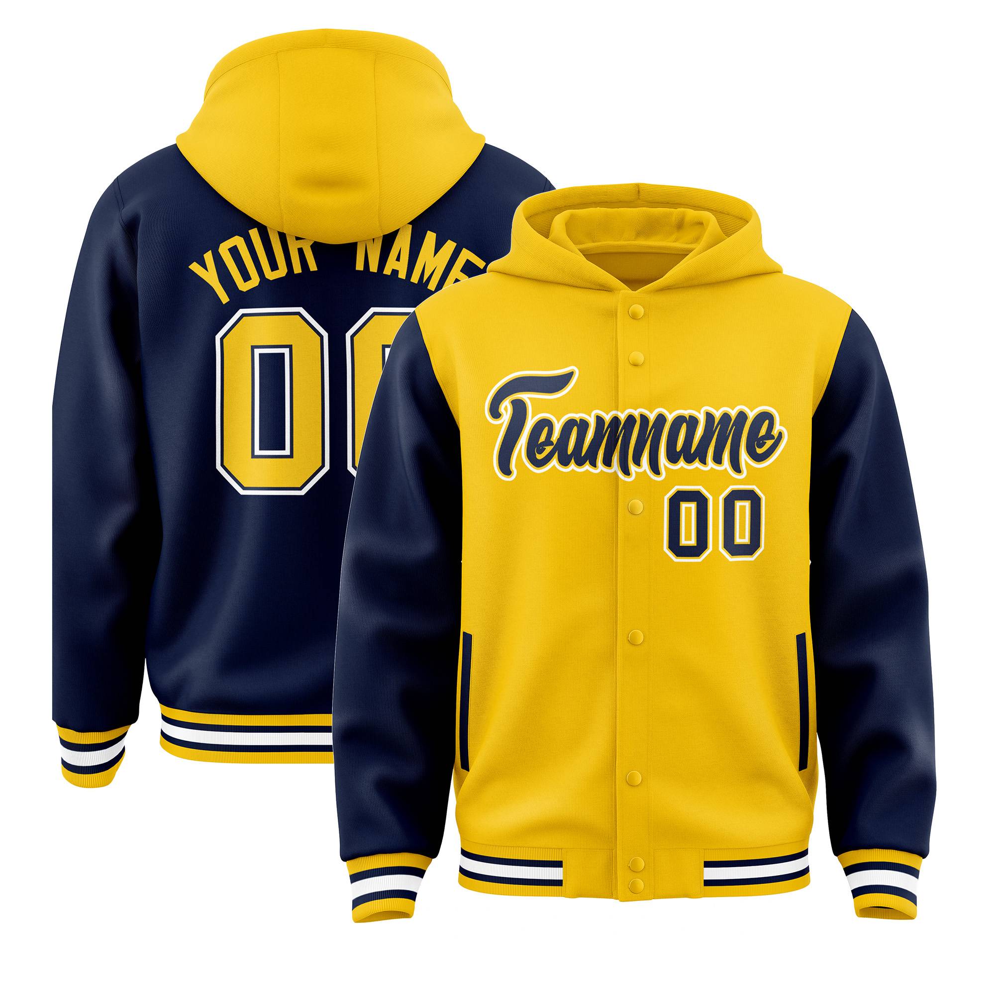 Custom Gold Navy Raglan Sleeves Varsity Full-Snap Letterman Two Tone Jacket Hoodie| KXKSHOP