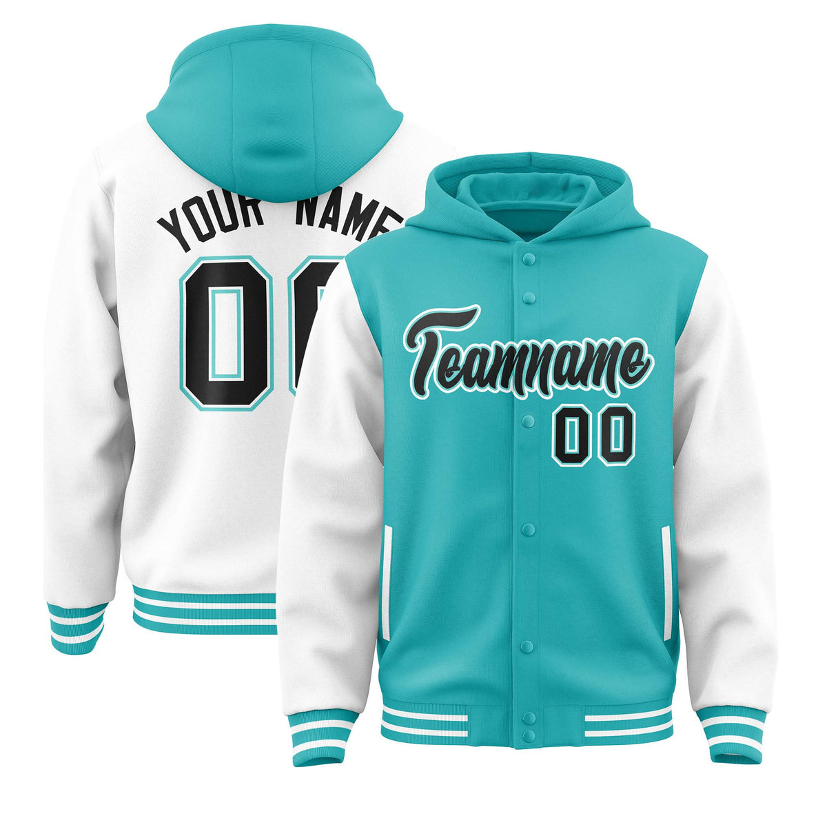Custom Aqua White Raglan Sleeves Varsity Full-Snap Letterman Two Tone Jacket Hoodie| KXKSHOP
