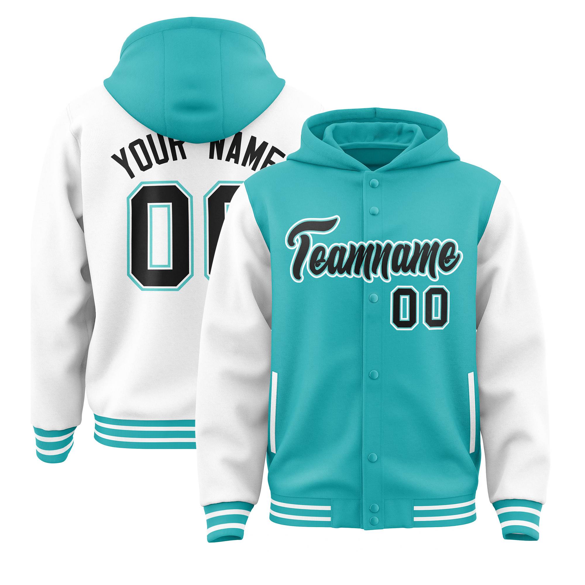 Custom Aqua White Raglan Sleeves Varsity Full-Snap Letterman Two Tone Jacket Hoodie| KXKSHOP