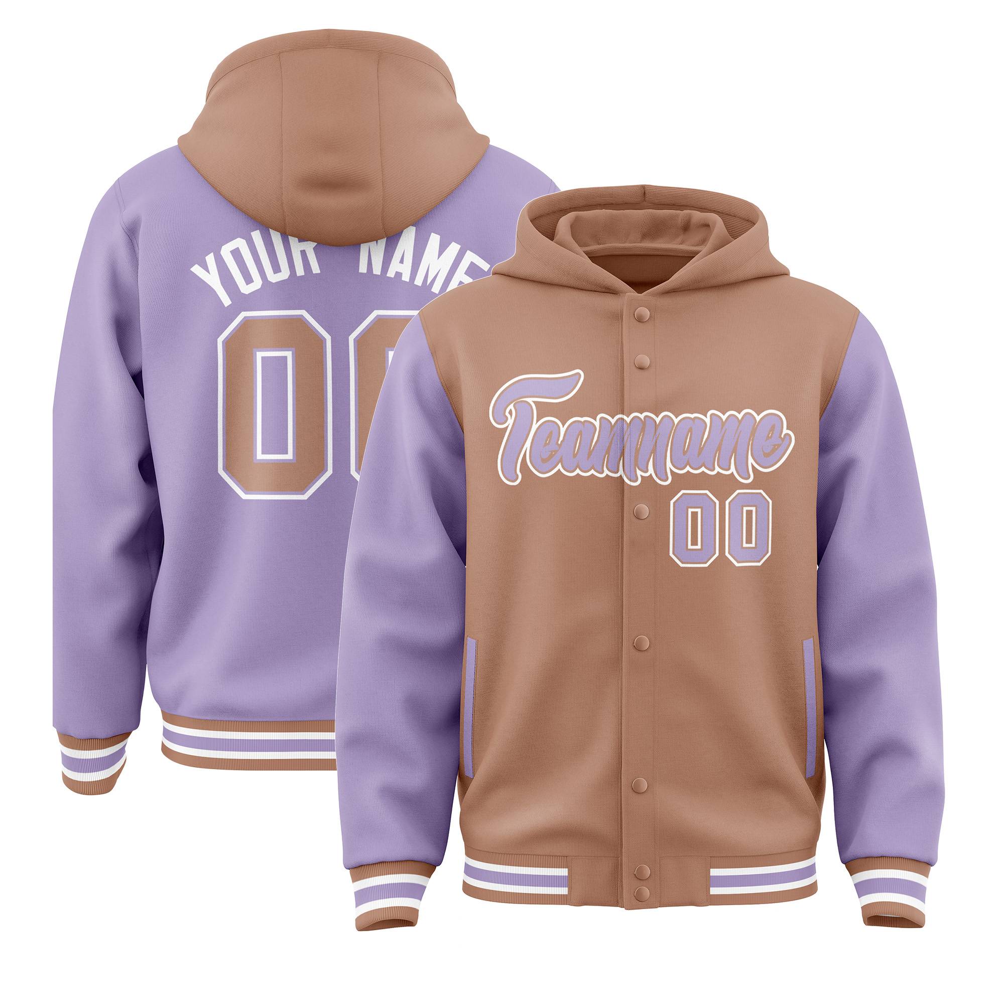 Custom Light Brown Light Purple Raglan Sleeves Varsity Full-Snap Letterman Two Tone Jacket Hoodie| KXKSHOP