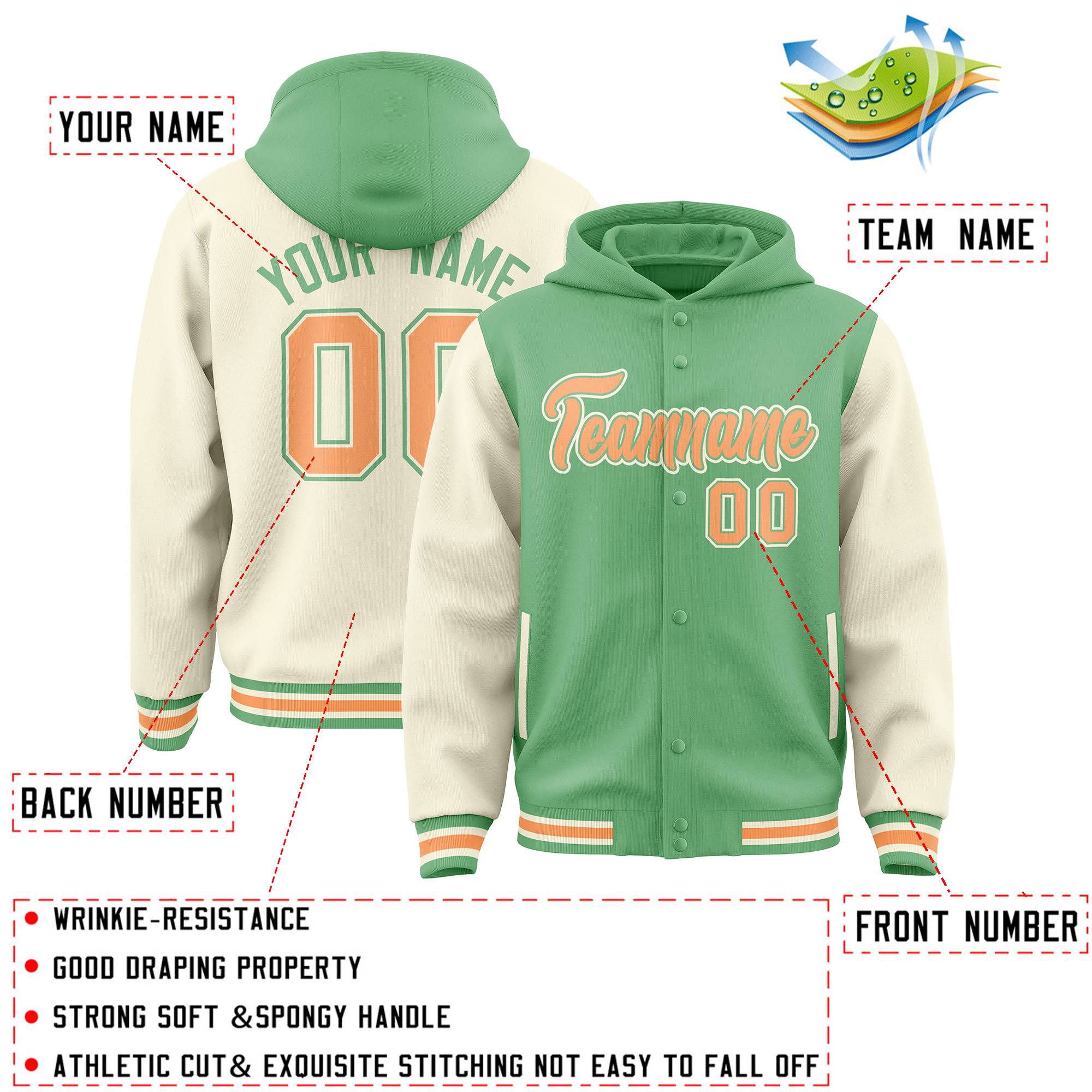 Custom Green Cream Raglan Sleeves Varsity Full-Snap Letterman Two Tone Jacket Hoodie| KXKSHOP