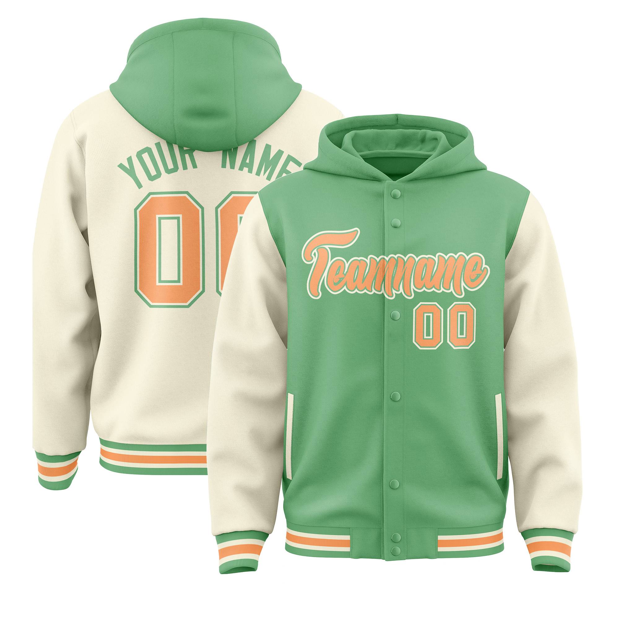 Custom Green Cream Raglan Sleeves Varsity Full-Snap Letterman Two Tone Jacket Hoodie| KXKSHOP