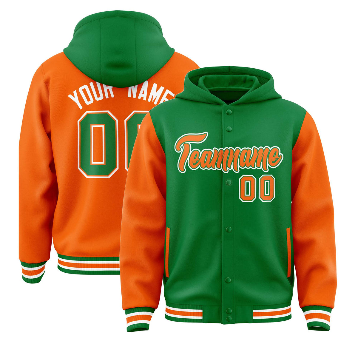 Custom Kelly Green Orange Raglan Sleeves Varsity Full-Snap Letterman Two Tone Jacket Hoodie| KXKSHOP