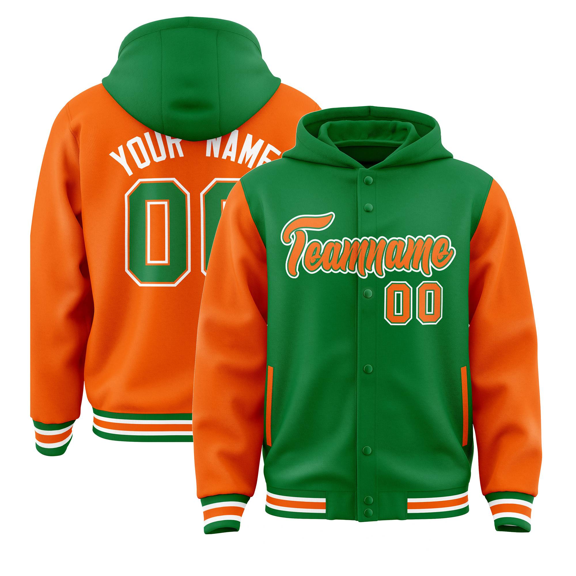 Custom Kelly Green Orange Raglan Sleeves Varsity Full-Snap Letterman Two Tone Jacket Hoodie| KXKSHOP