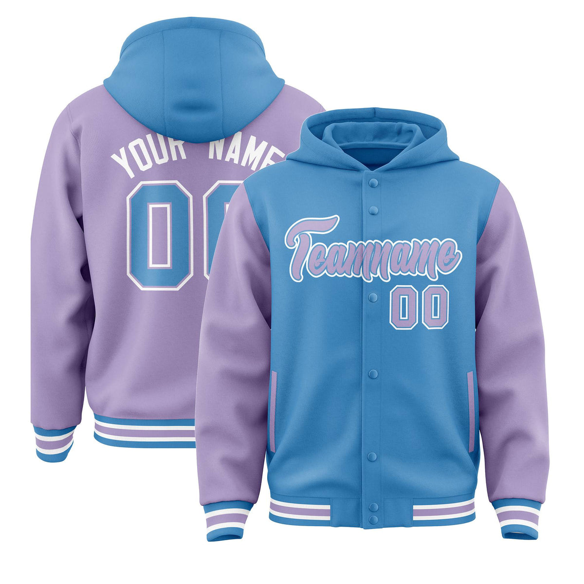 Custom Powder Blue Light Purple Raglan Sleeves Varsity Full-Snap Letterman Two Tone Jacket Hoodie| KXKSHOP