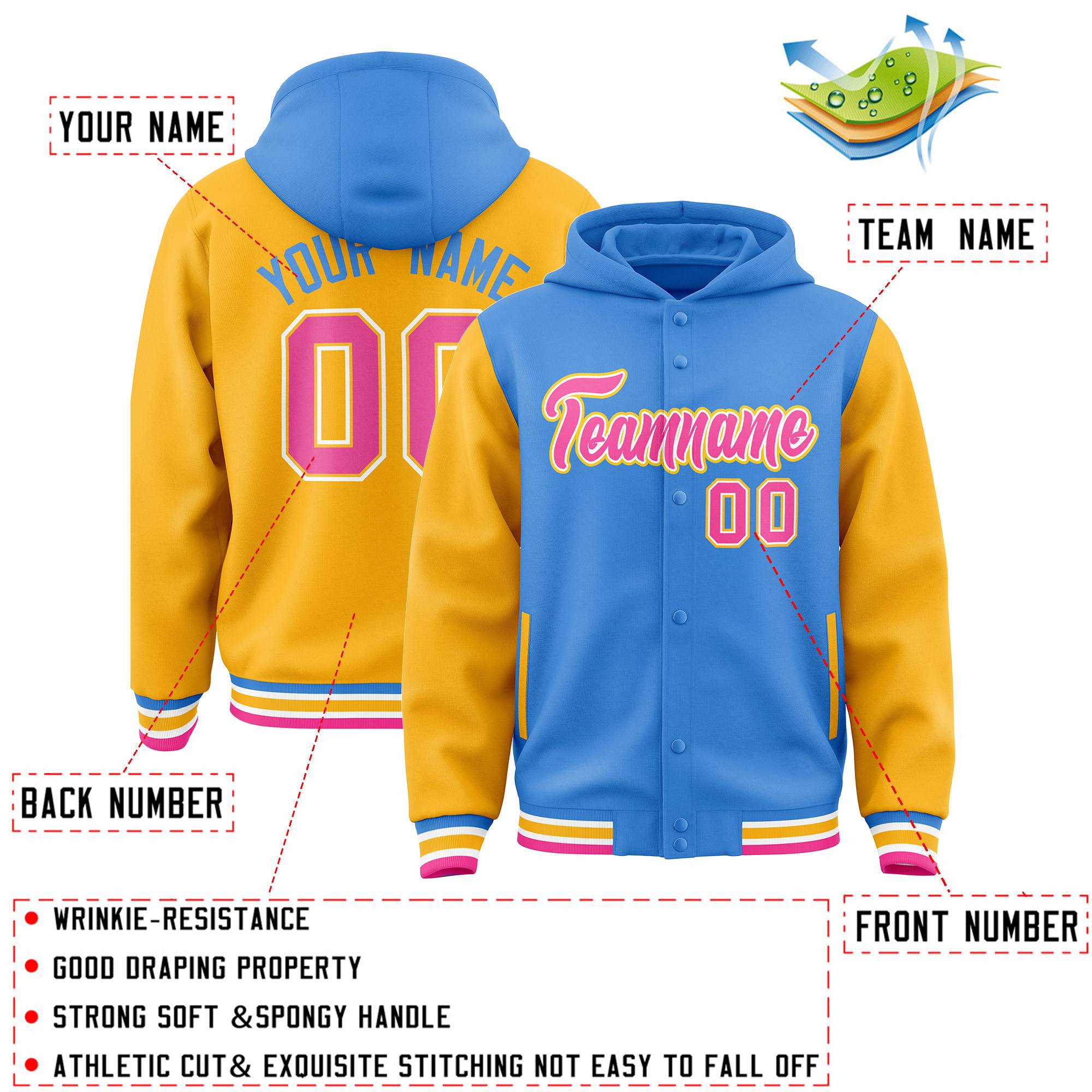 Custom Powder Blue Gold Raglan Sleeves Varsity Full-Snap Letterman Two Tone Jacket Hoodie| KXKSHOP