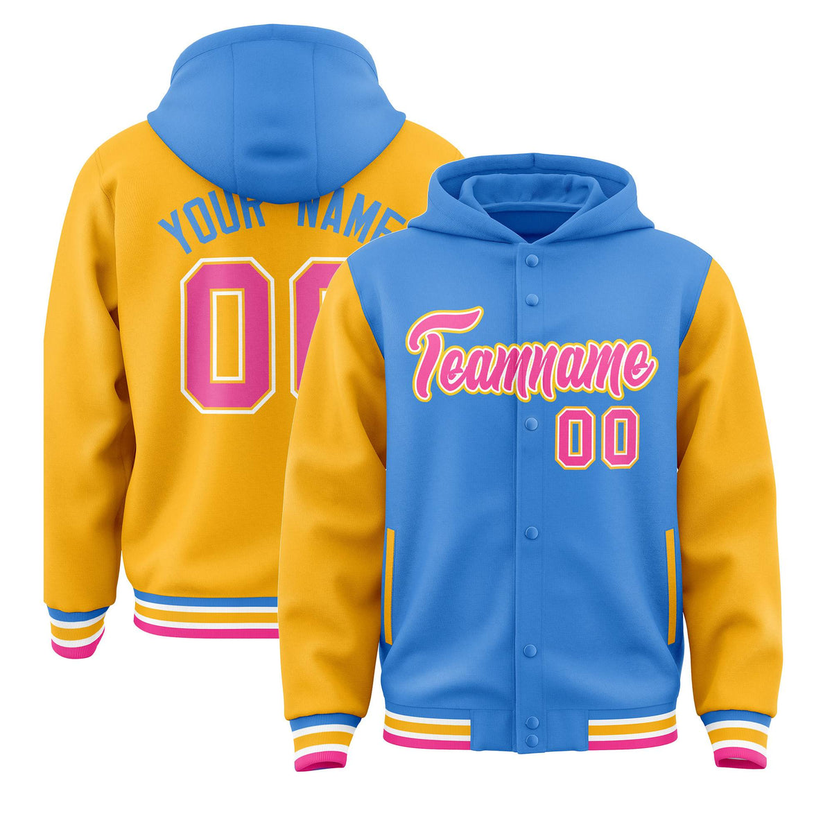 Custom Powder Blue Gold Raglan Sleeves Varsity Full-Snap Letterman Two Tone Jacket Hoodie| KXKSHOP