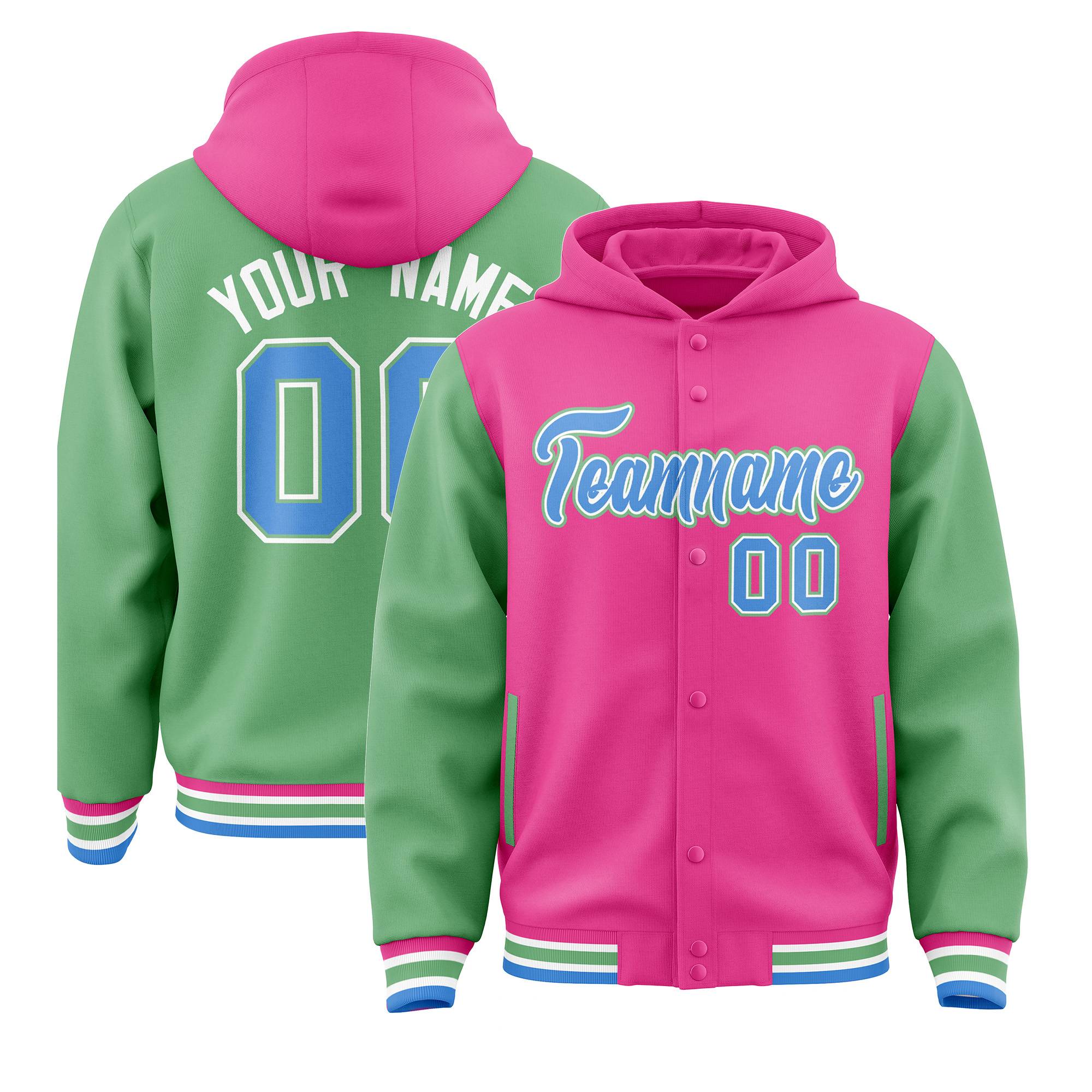 Custom Pink Green Raglan Sleeves Varsity Full-Snap Letterman Two Tone Jacket Hoodie| KXKSHOP