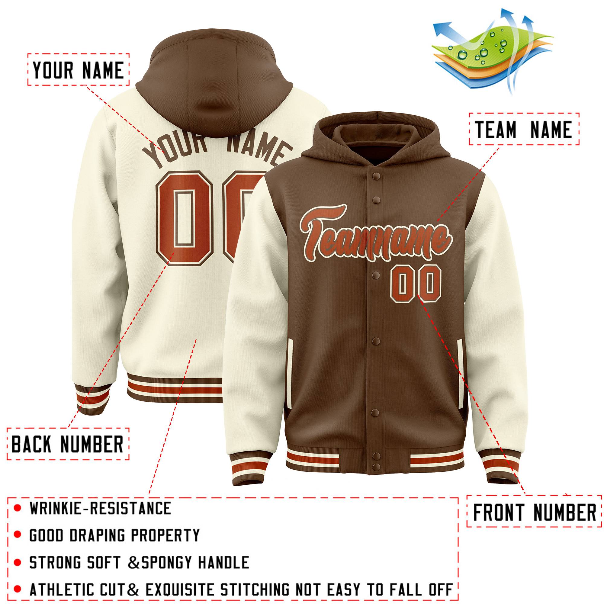 Custom Light Brown Cream Raglan Sleeves Varsity Full-Snap Letterman Two Tone Jacket Hoodie| KXKSHOP