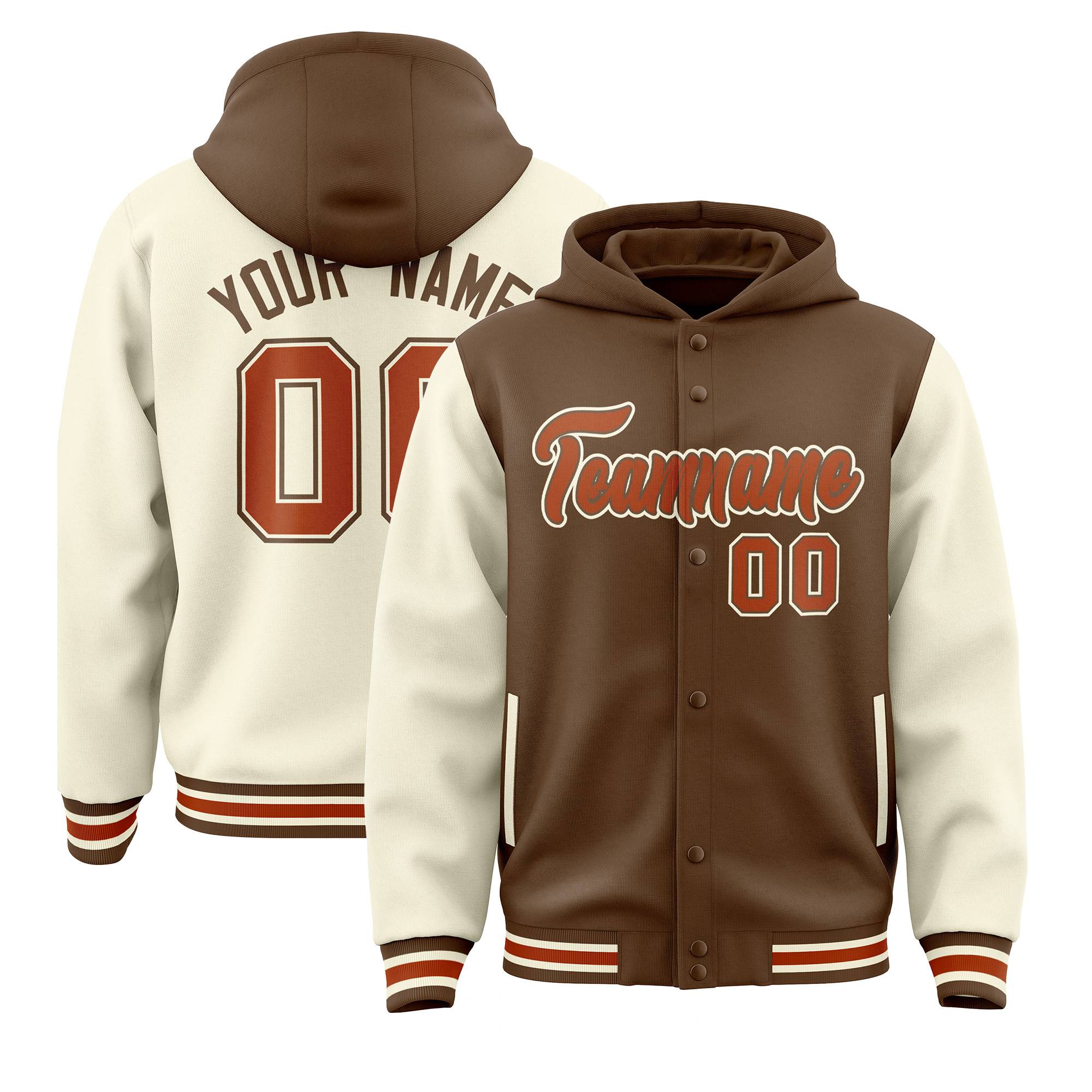 Custom Light Brown Cream Raglan Sleeves Varsity Full-Snap Letterman Two Tone Jacket Hoodie| KXKSHOP