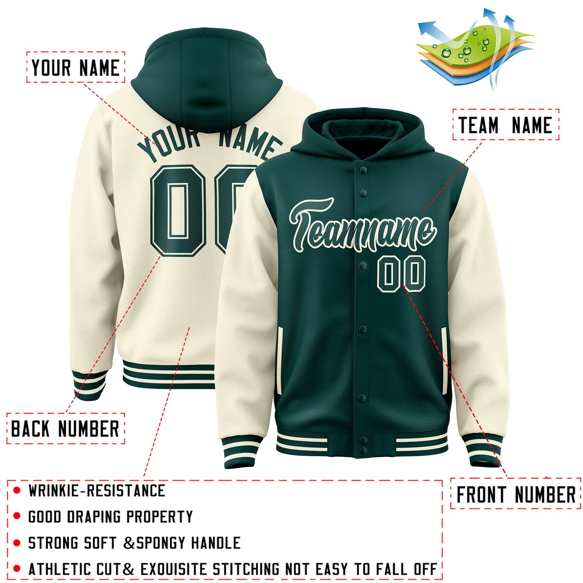 Custom Midnight Green Cream Raglan Sleeves Varsity Full-Snap Letterman Two Tone Jacket Hoodie| KXKSHOP