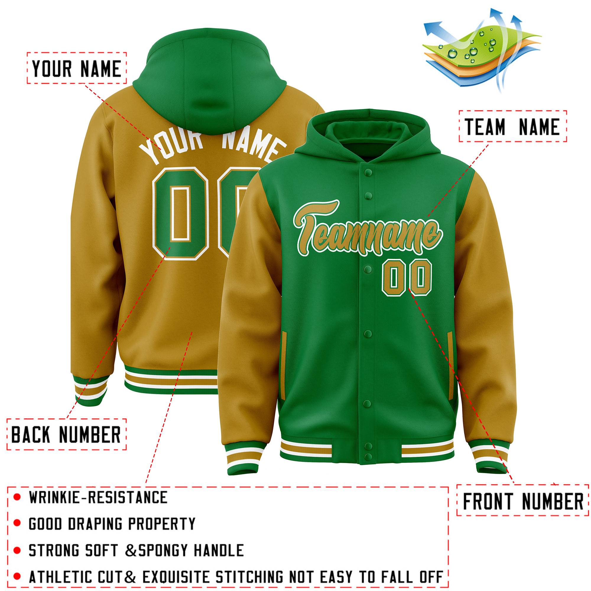 Custom Kelly Green Old Gold Raglan Sleeves Varsity Full-Snap Letterman Two Tone Jacket Hoodie| KXKSHOP