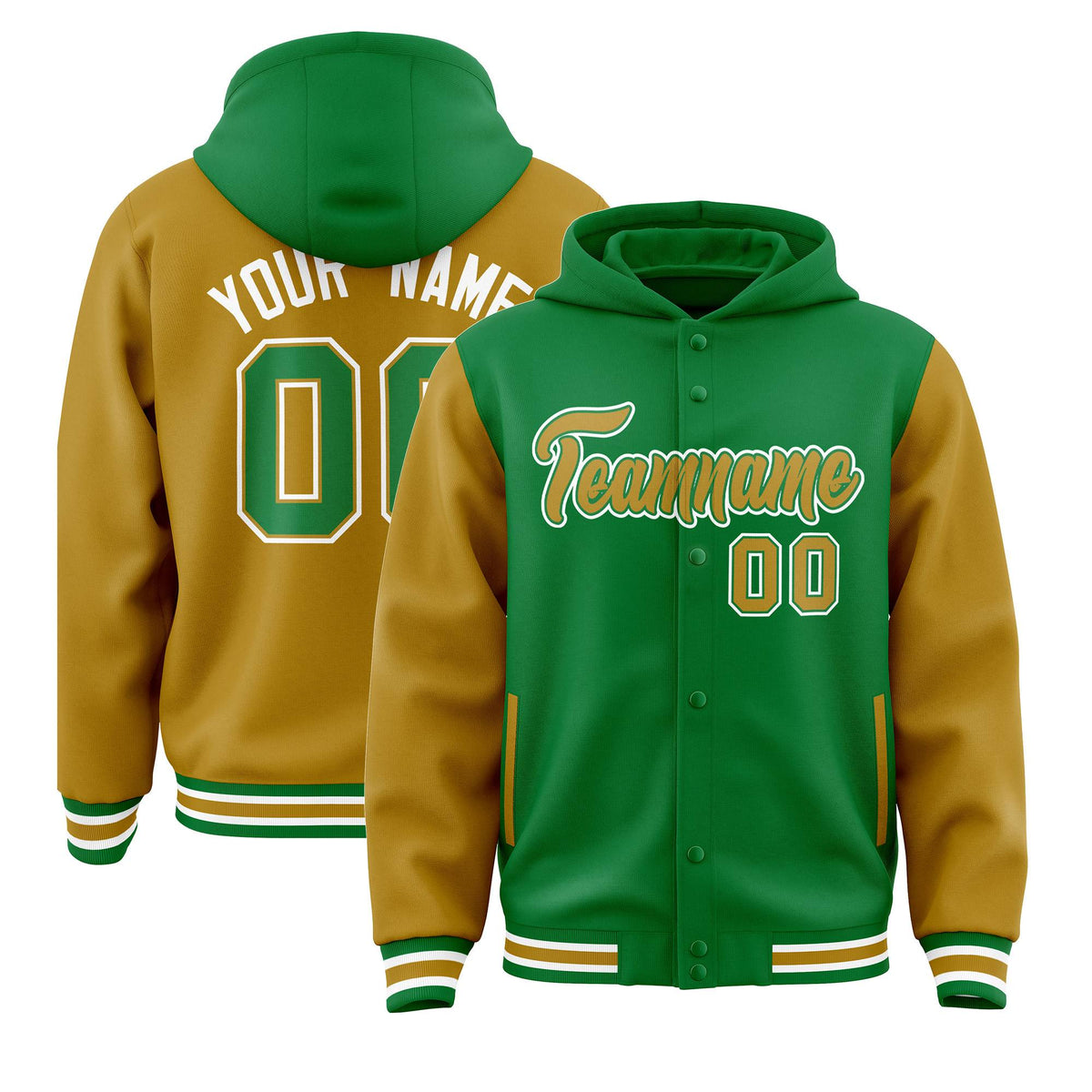 Custom Kelly Green Old Gold Raglan Sleeves Varsity Full-Snap Letterman Two Tone Jacket Hoodie| KXKSHOP