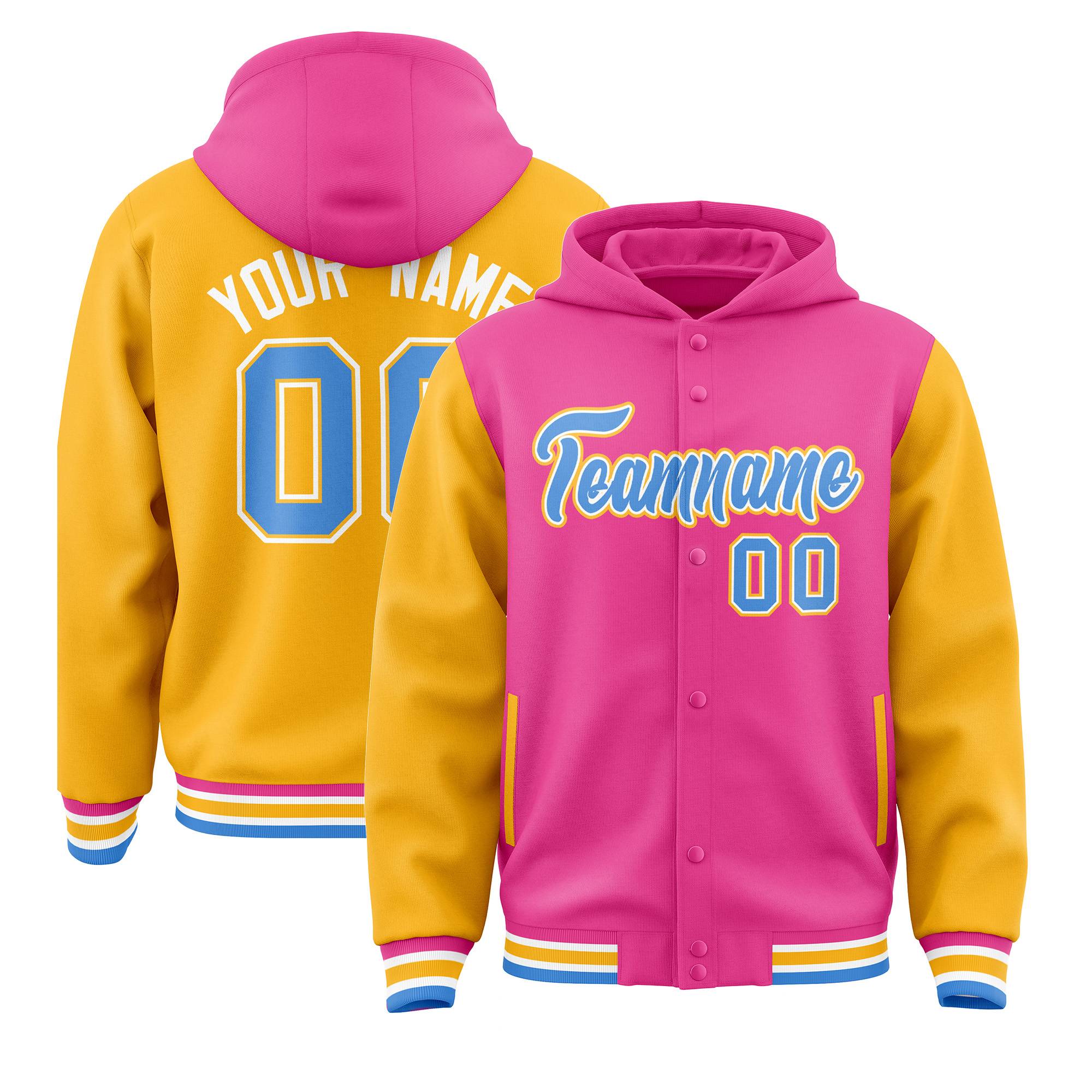 Custom Pink Gold Raglan Sleeves Varsity Full-Snap Letterman Two Tone Jacket Hoodie| KXKSHOP