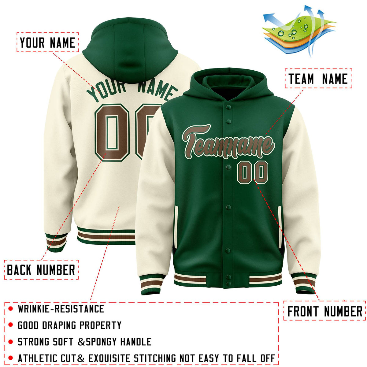 Custom Green Cream Raglan Sleeves Varsity Full-Snap Letterman Two Tone Jacket Hoodie| KXKSHOP