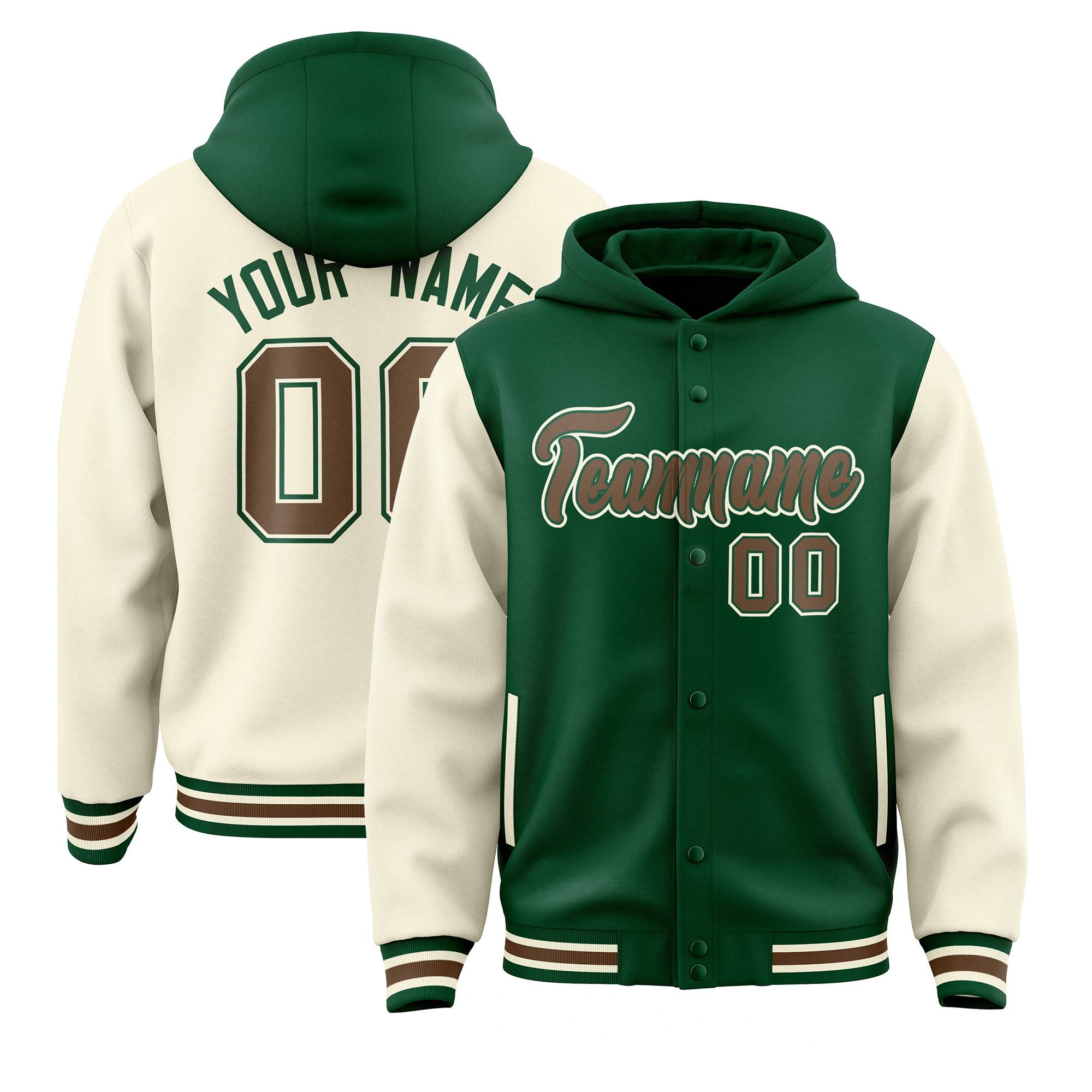 Custom Green Cream Raglan Sleeves Varsity Full-Snap Letterman Two Tone Jacket Hoodie| KXKSHOP