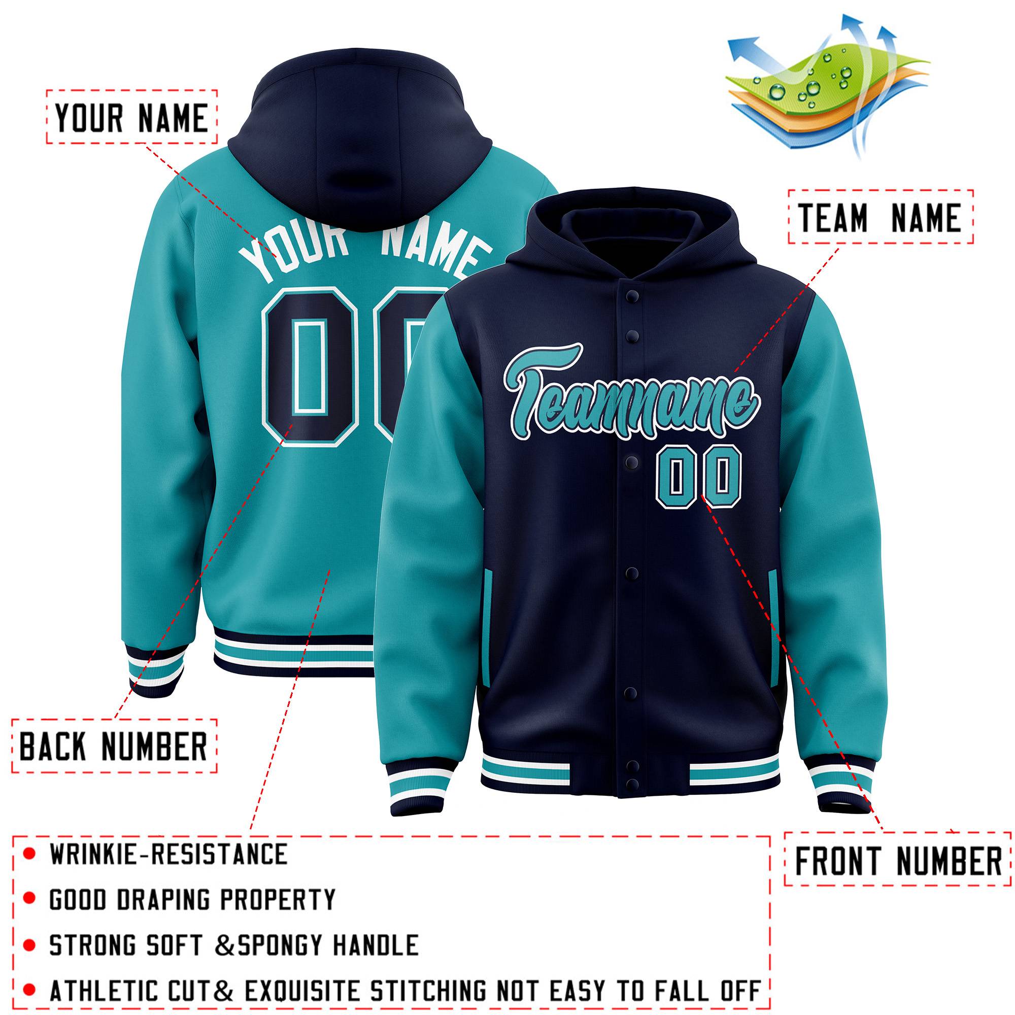 Custom Navy Aqua Raglan Sleeves Varsity Full-Snap Letterman Two Tone Jacket Hoodie| KXKSHOP