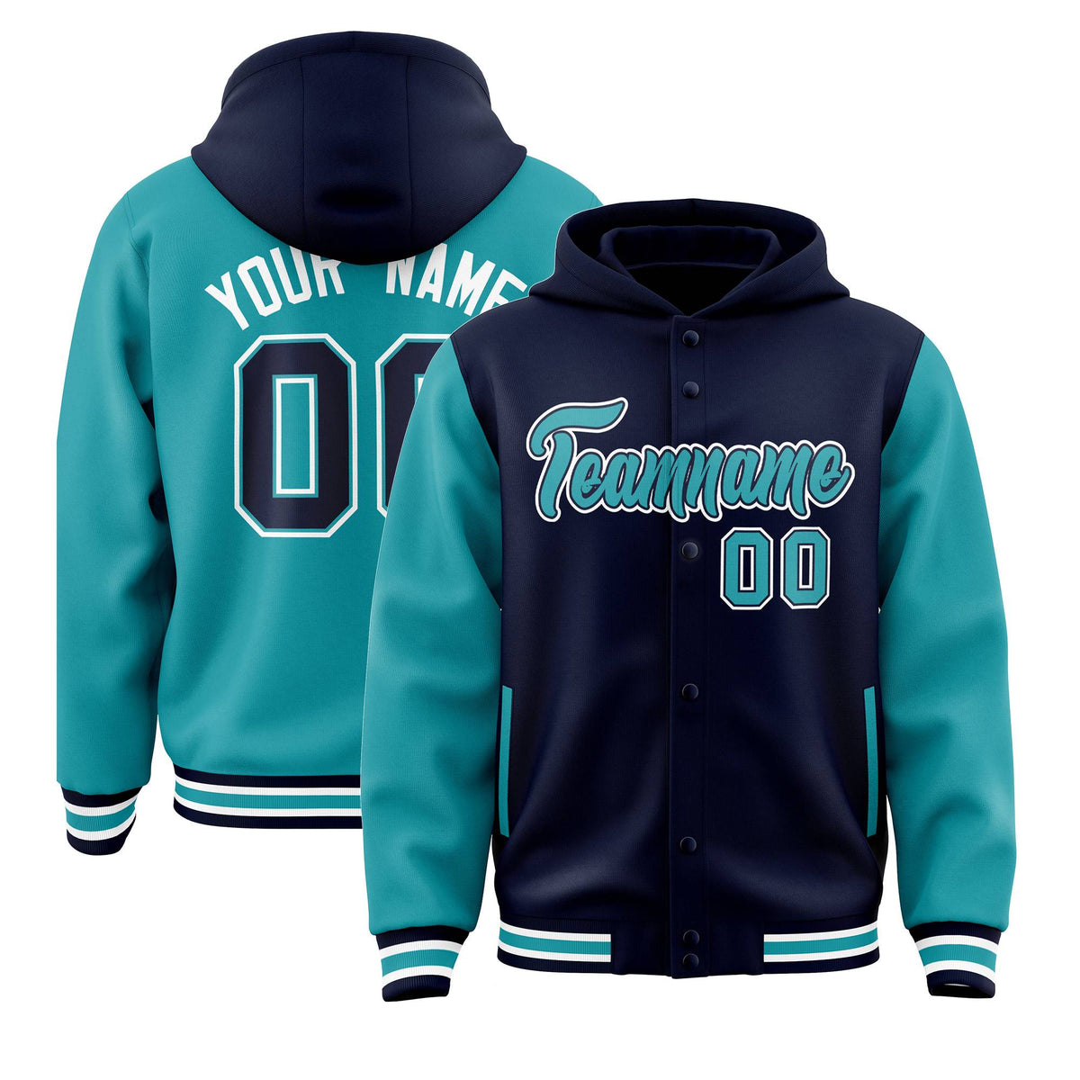 Custom Navy Aqua Raglan Sleeves Varsity Full-Snap Letterman Two Tone Jacket Hoodie| KXKSHOP