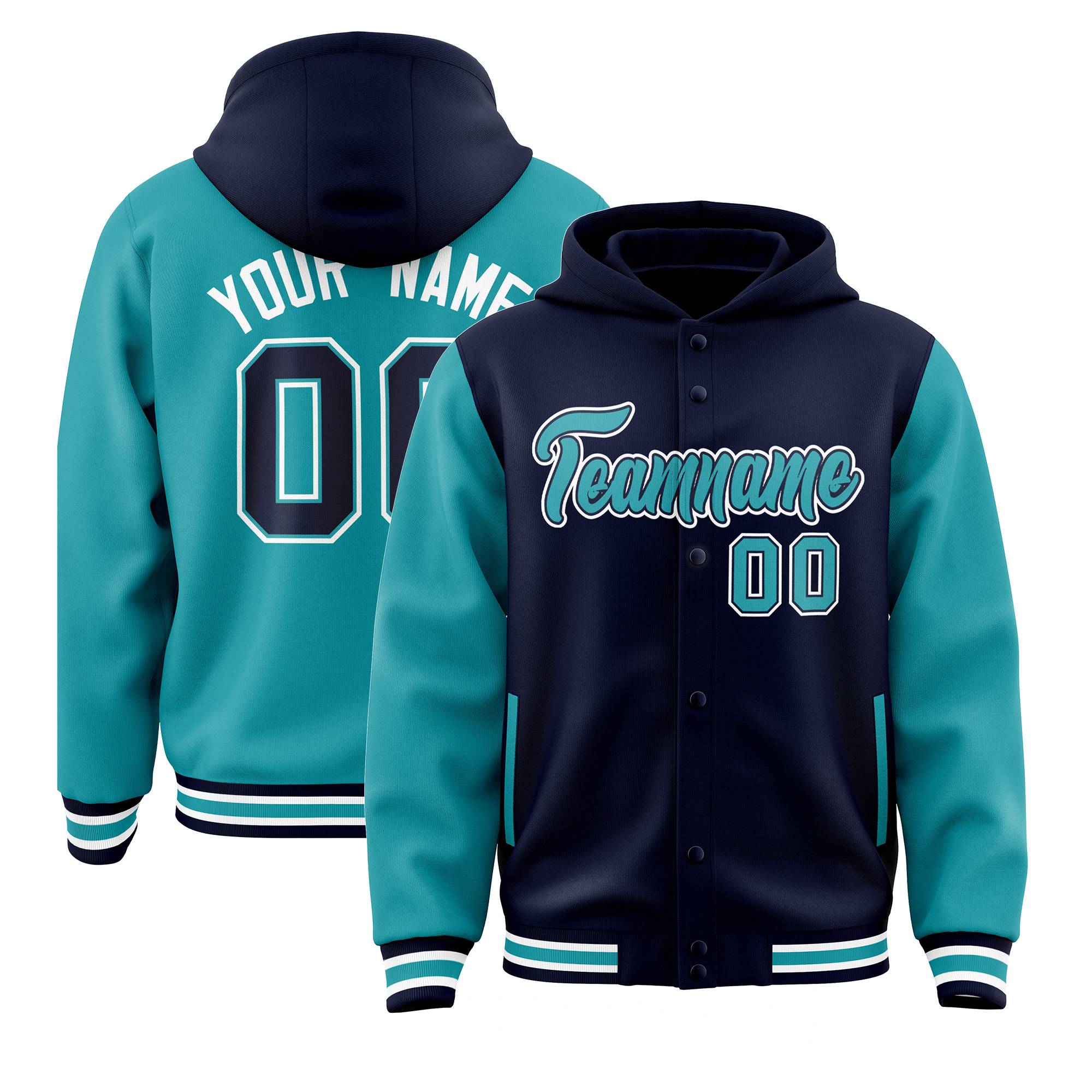 Custom Navy Aqua Raglan Sleeves Varsity Full-Snap Letterman Two Tone Jacket Hoodie| KXKSHOP