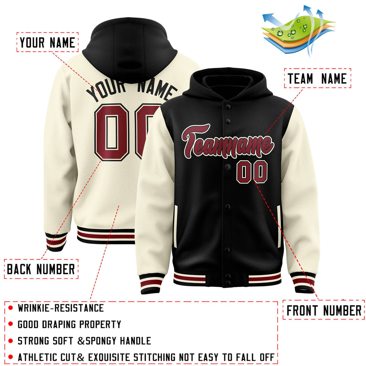 Custom Black Cream Raglan Sleeves Varsity Full-Snap Letterman Two Tone Jacket Hoodie| KXKSHOP
