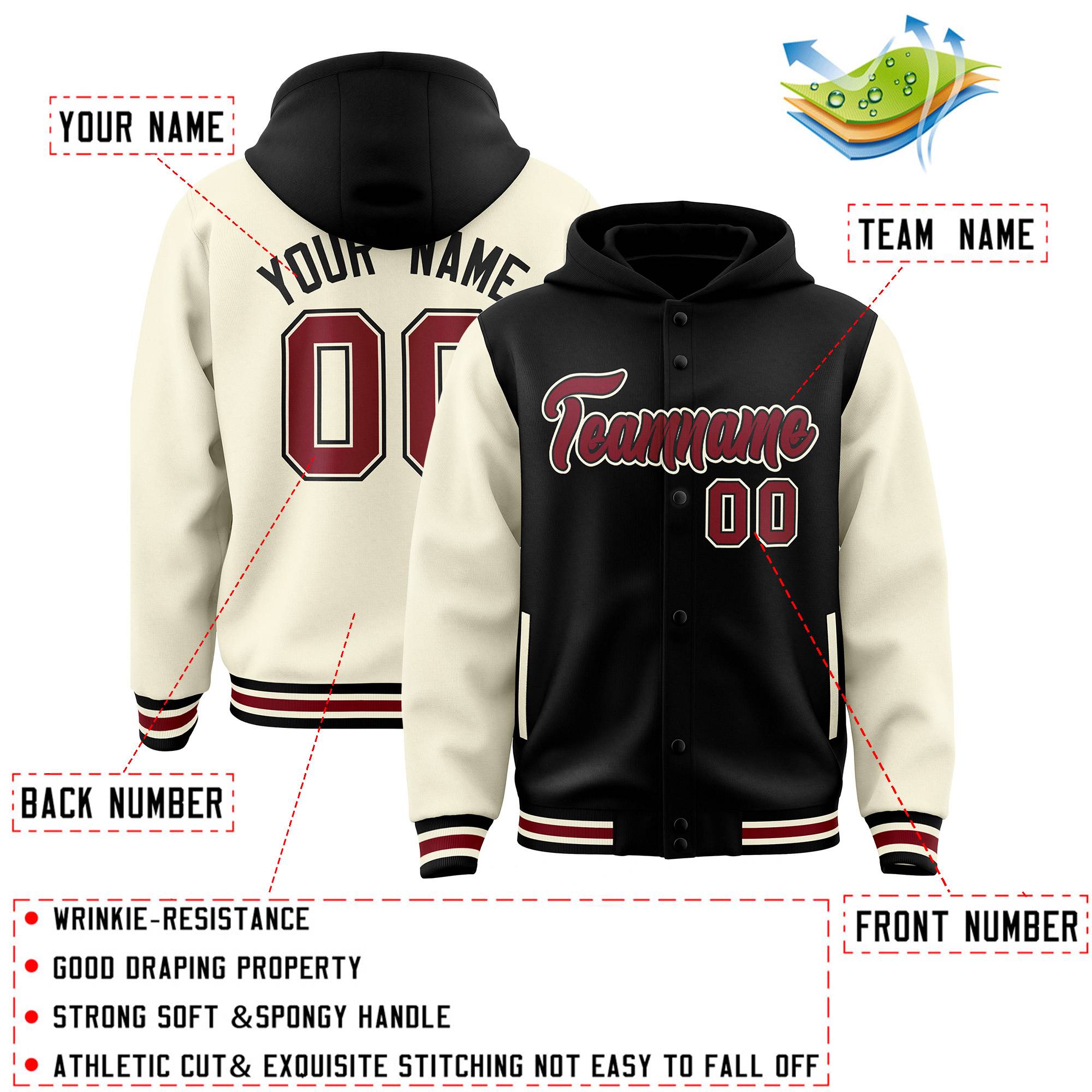Custom Black Cream Raglan Sleeves Varsity Full-Snap Letterman Two Tone Jacket Hoodie| KXKSHOP
