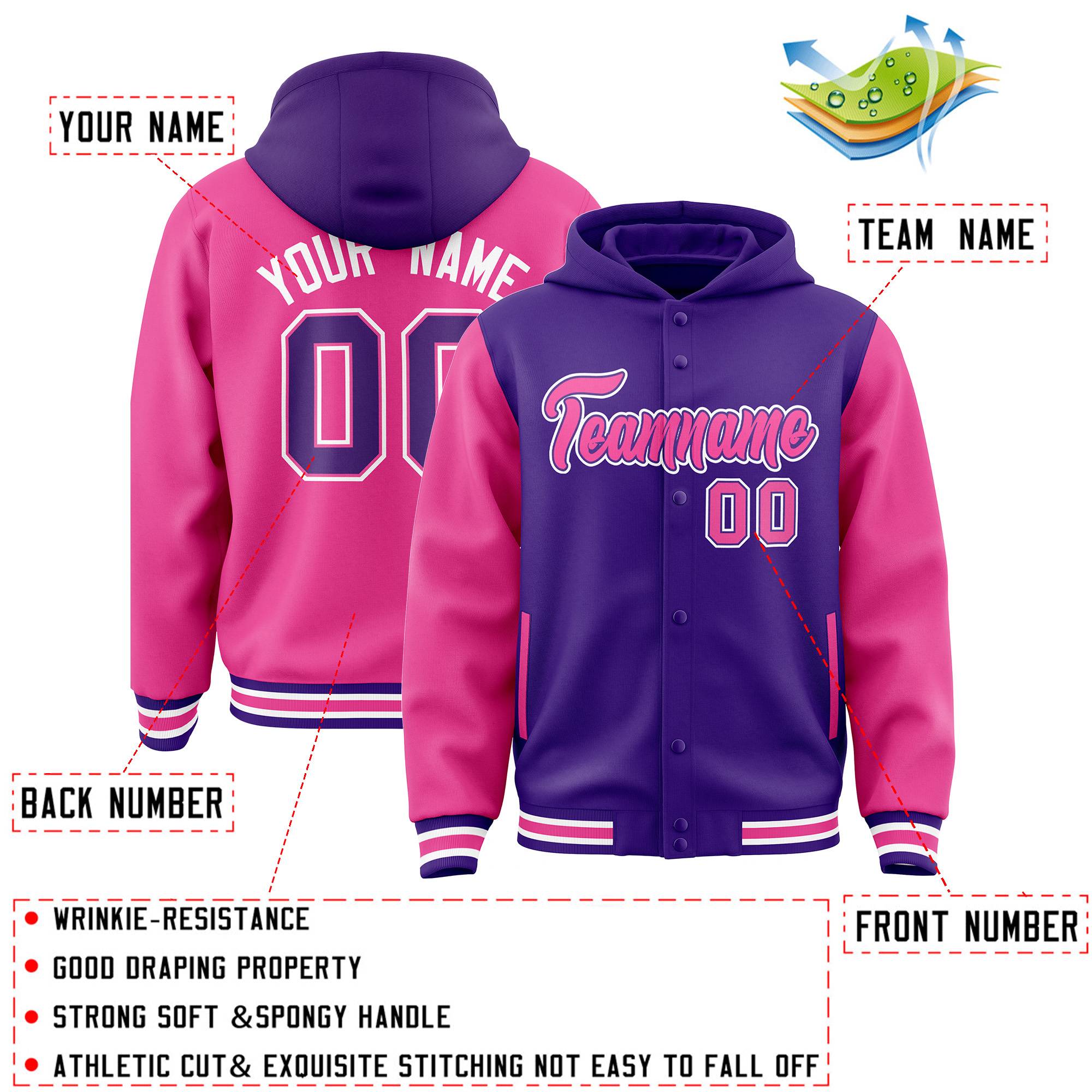 Custom Purple Pink Raglan Sleeves Varsity Full-Snap Letterman Two Tone Jacket Hoodie| KXKSHOP