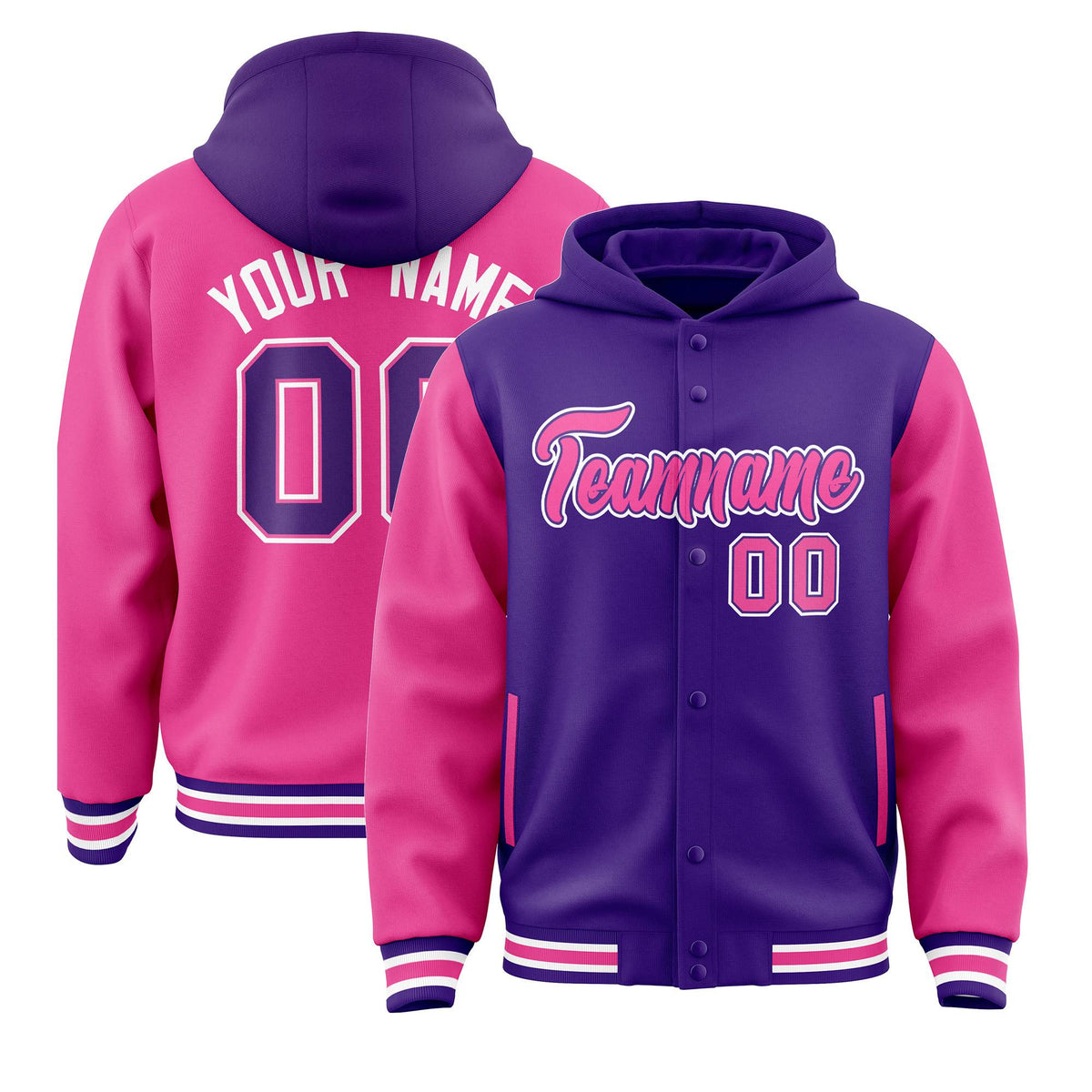 Custom Purple Pink Raglan Sleeves Varsity Full-Snap Letterman Two Tone Jacket Hoodie| KXKSHOP