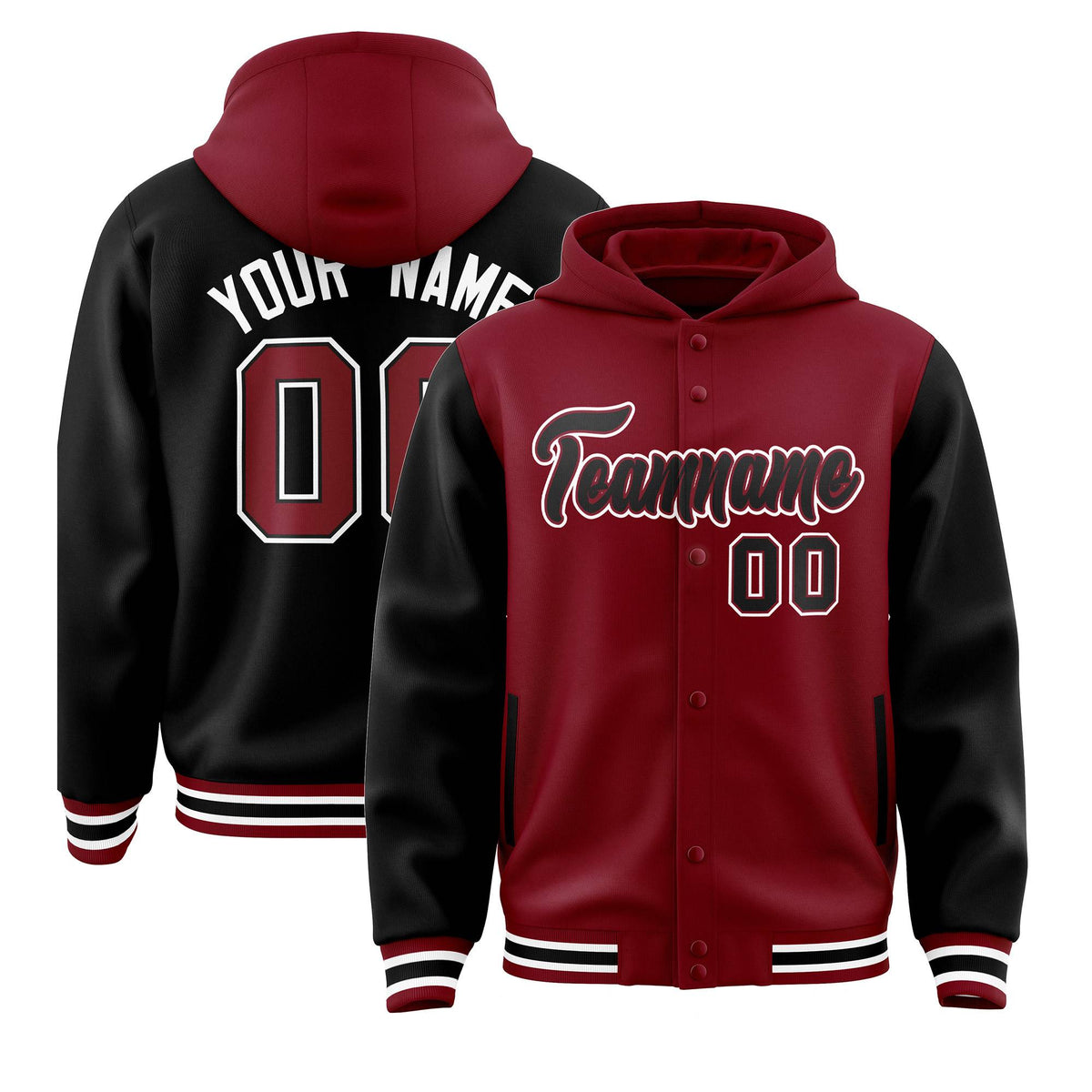Custom Crimson Black Raglan Sleeves Varsity Full-Snap Letterman Two Tone Jacket Hoodie| KXKSHOP
