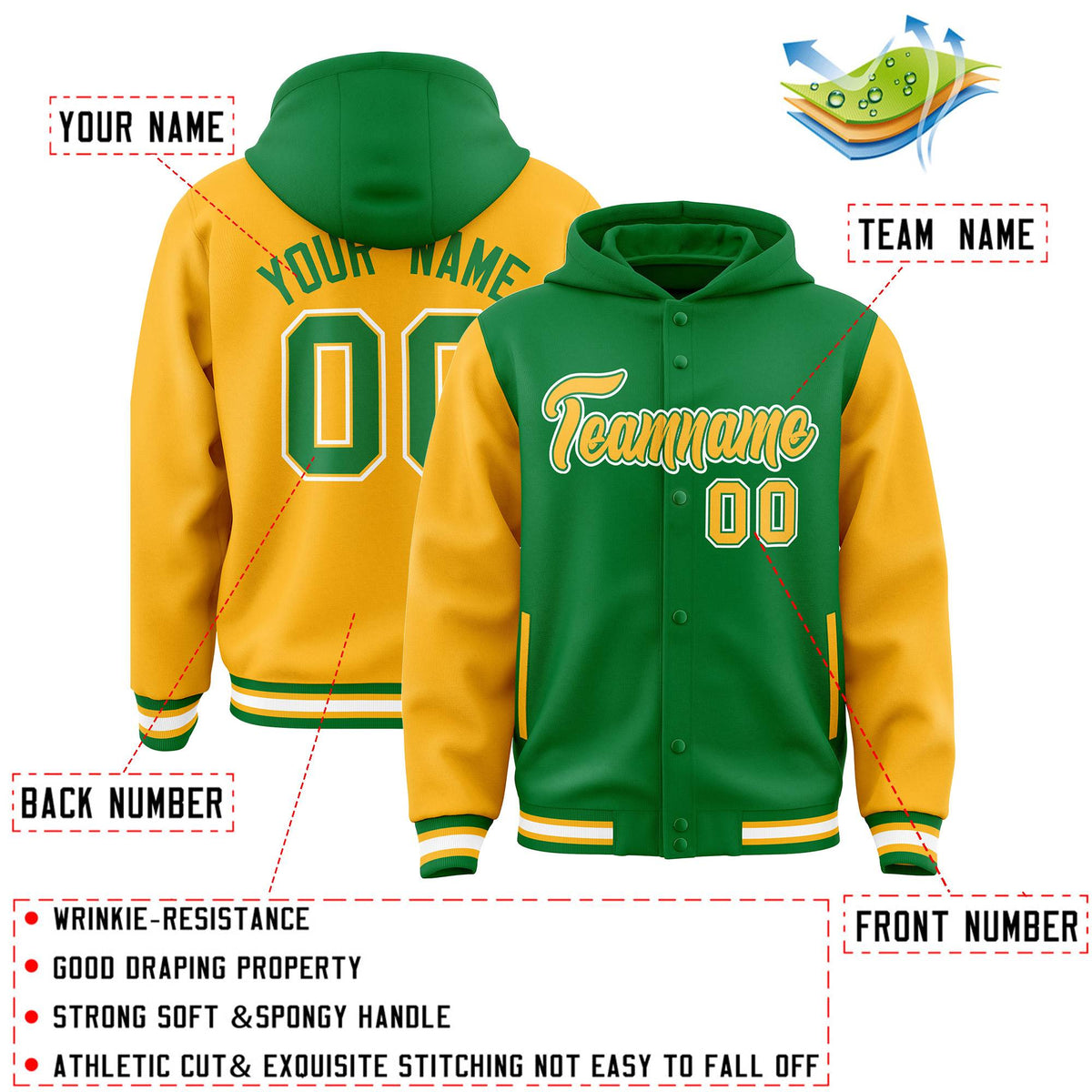 Custom Kelly Green Gold Raglan Sleeves Varsity Full-Snap Letterman Two Tone Jacket Hoodie| KXKSHOP