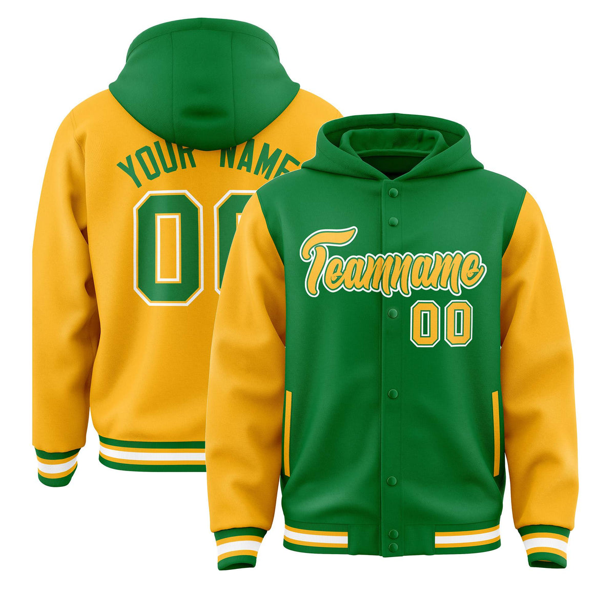 Custom Kelly Green Gold Raglan Sleeves Varsity Full-Snap Letterman Two Tone Jacket Hoodie| KXKSHOP
