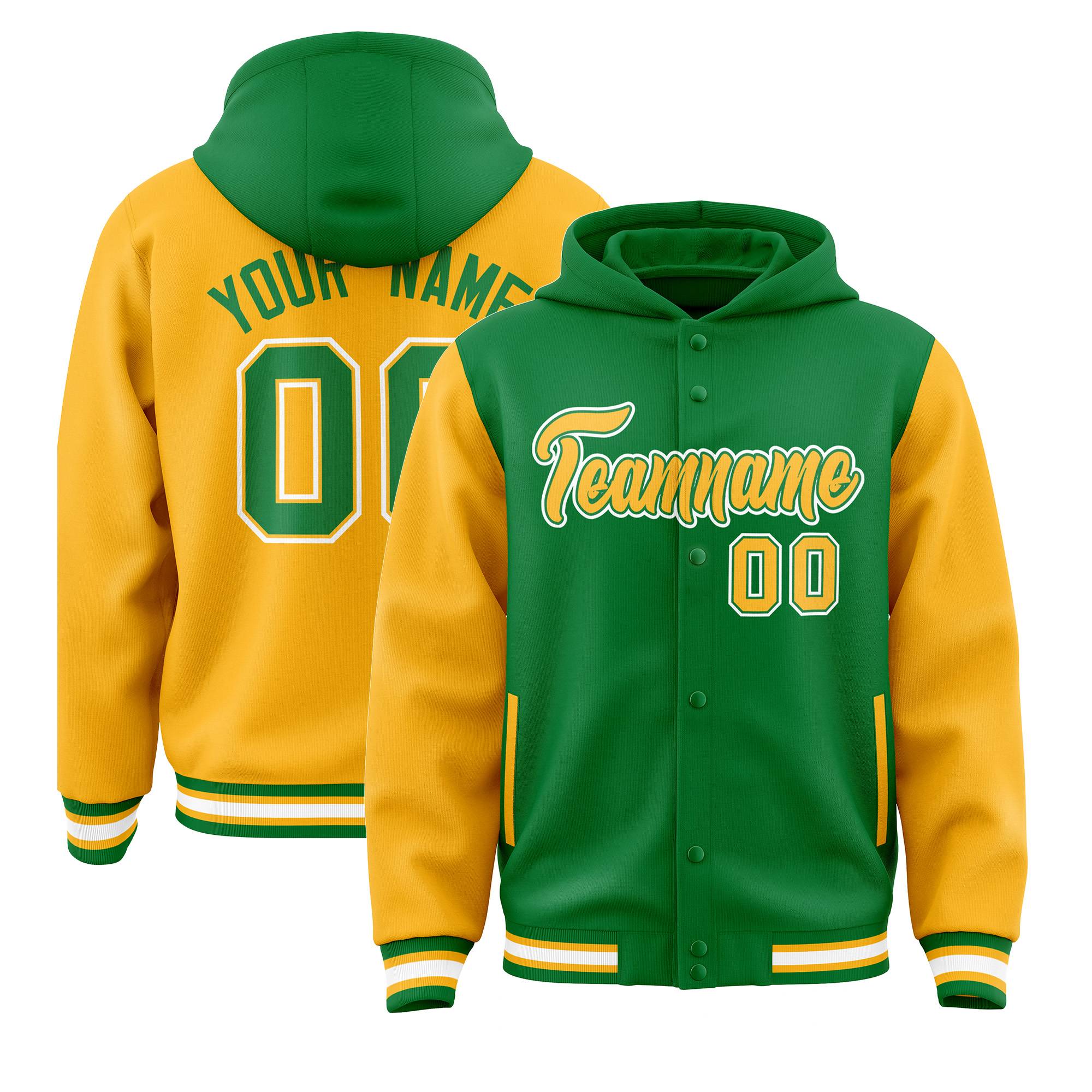 Custom Kelly Green Gold Raglan Sleeves Varsity Full-Snap Letterman Two Tone Jacket Hoodie| KXKSHOP