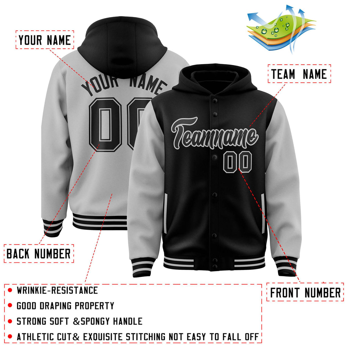 Custom Black Gray Raglan Sleeves Varsity Full-Snap Letterman Two Tone Jacket Hoodie| KXKSHOP