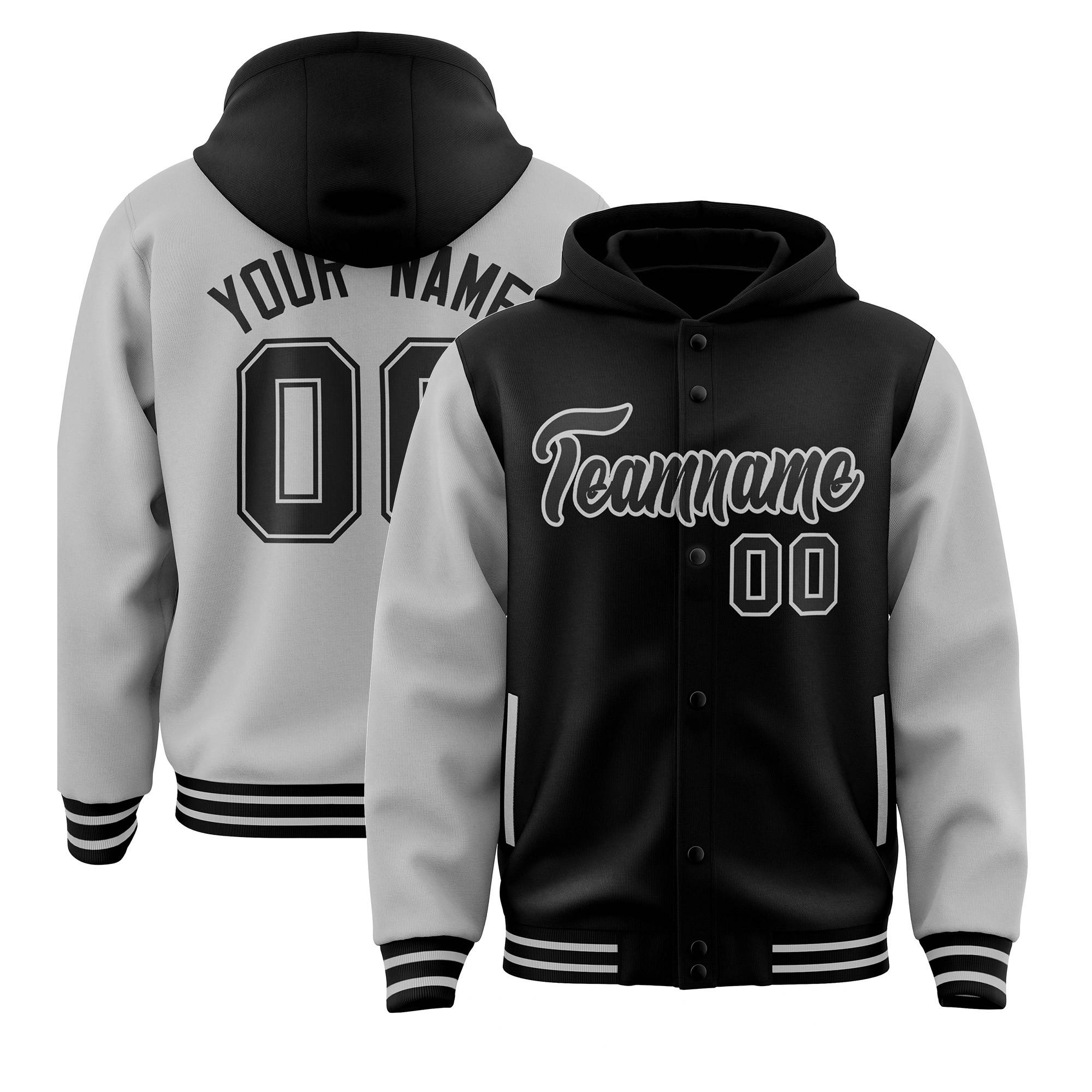 Custom Black Gray Raglan Sleeves Varsity Full-Snap Letterman Two Tone Jacket Hoodie| KXKSHOP