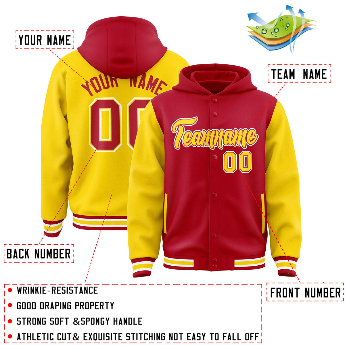 Custom Red Gold Raglan Sleeves Varsity Full-Snap Letterman Two Tone Jacket Hoodie| KXKSHOP