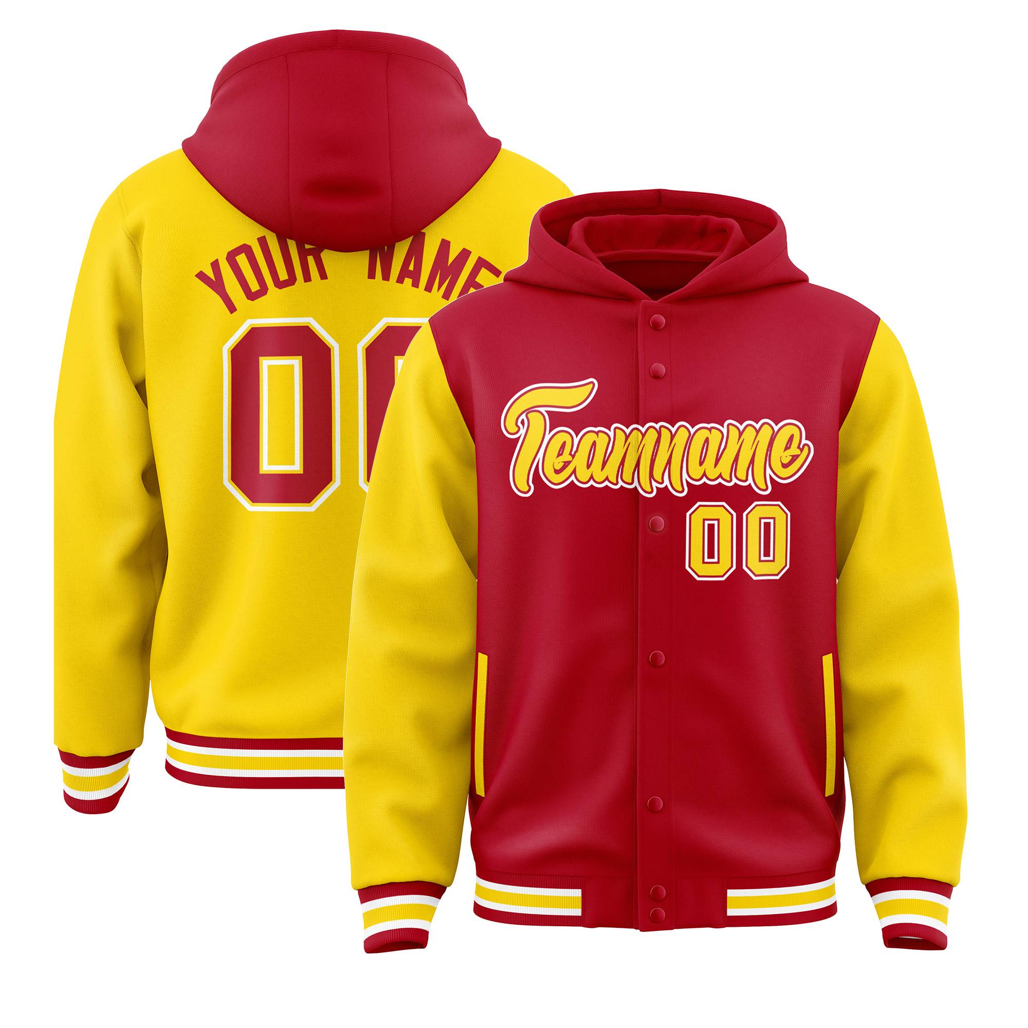 Custom Red Gold Raglan Sleeves Varsity Full-Snap Letterman Two Tone Jacket Hoodie| KXKSHOP