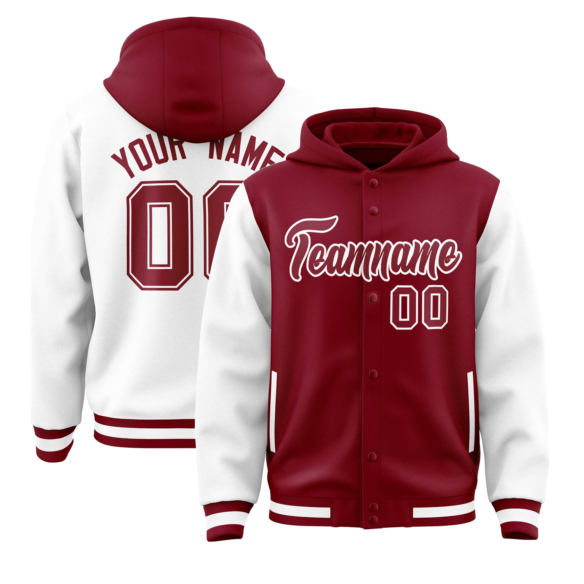 Custom Crimson White Raglan Sleeves Varsity Full-Snap Letterman Two Tone Jacket Hoodie| KXKSHOP