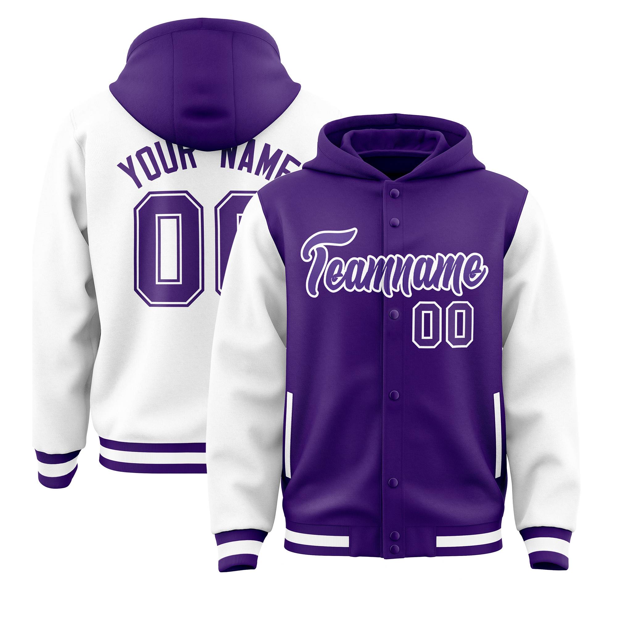 Custom Purple White Raglan Sleeves Varsity Full-Snap Letterman Two Tone Jacket Hoodie| KXKSHOP