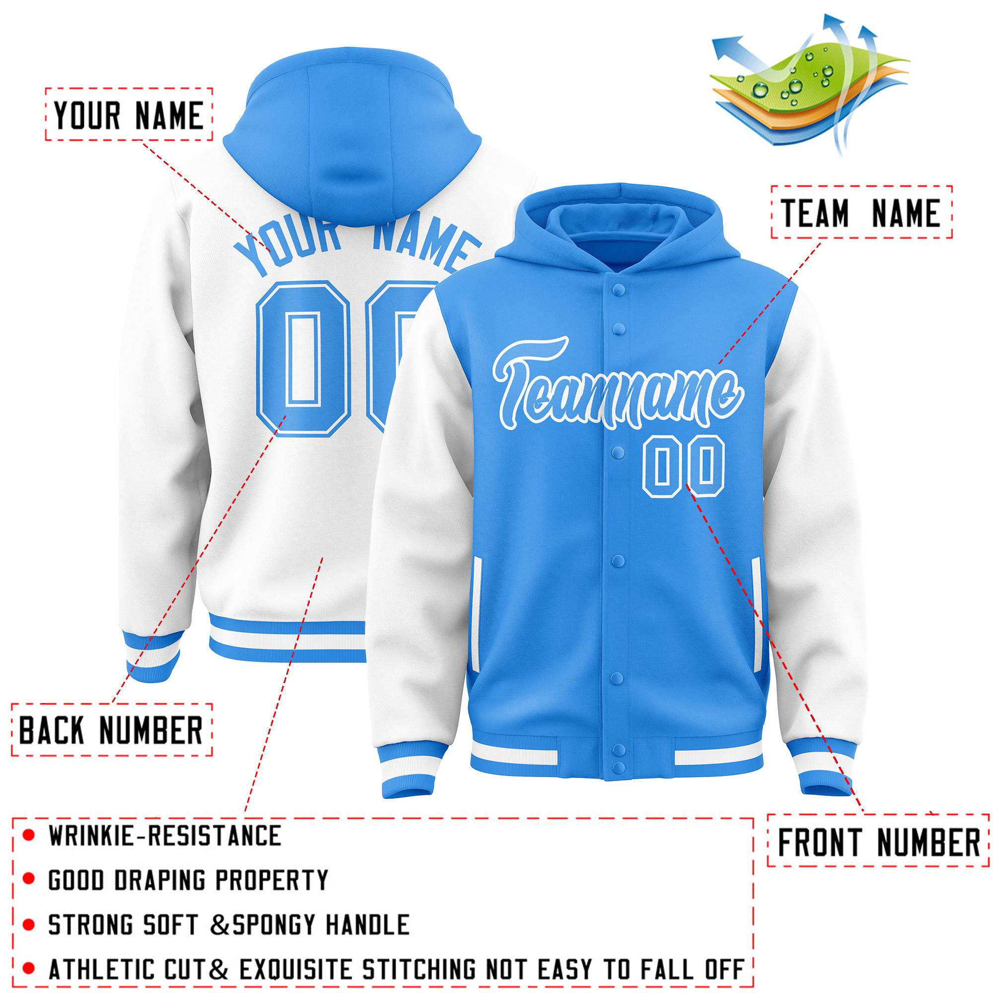 Custom Powder Blue White Raglan Sleeves Varsity Full-Snap Letterman Two Tone Jacket Hoodie| KXKSHOP