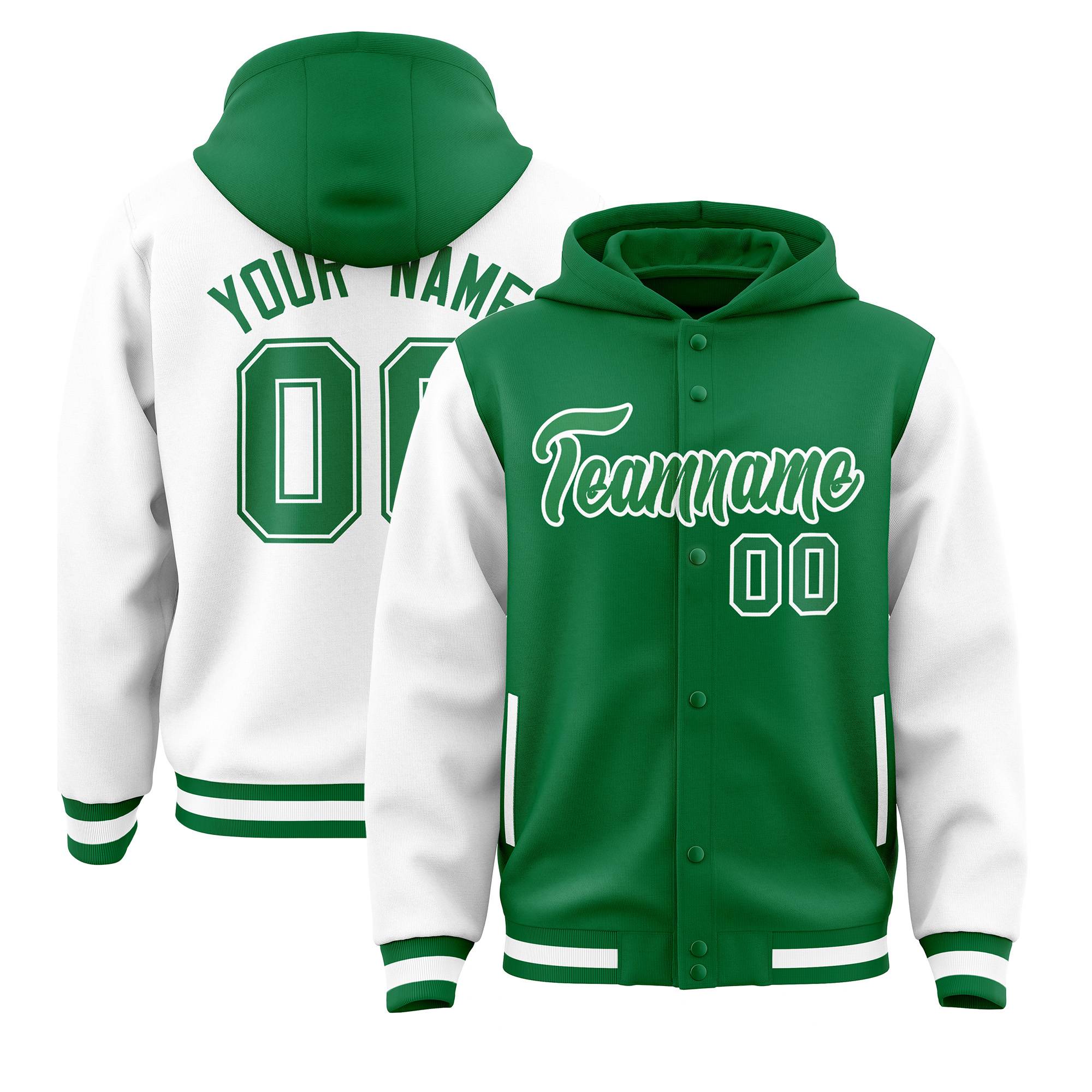 Custom Kelly Green White Raglan Sleeves Varsity Full-Snap Letterman Two Tone Jacket Hoodie| KXKSHOP