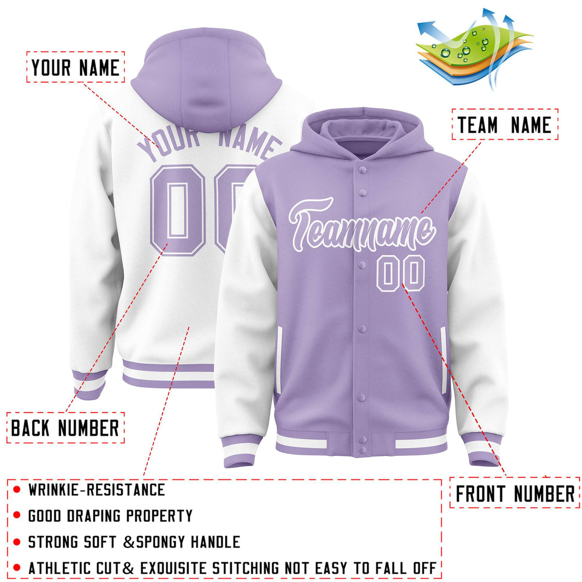 Custom Light Purple White Raglan Sleeves Varsity Full-Snap Letterman Two Tone Jacket Hoodie| KXKSHOP