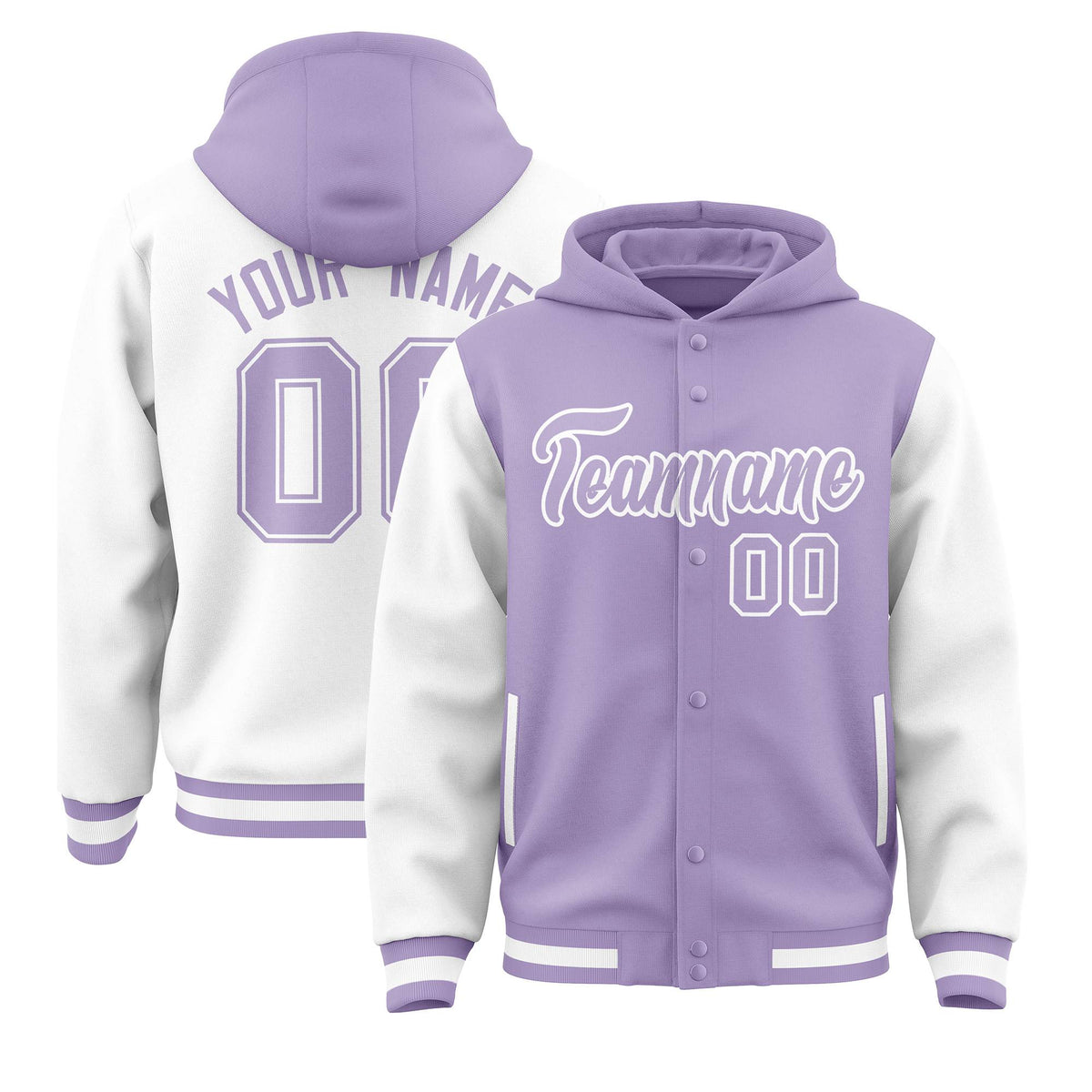 Custom Light Purple White Raglan Sleeves Varsity Full-Snap Letterman Two Tone Jacket Hoodie| KXKSHOP