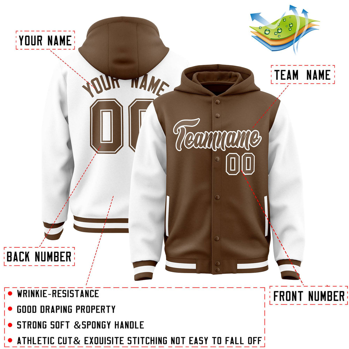 Custom Light Brown White Raglan Sleeves Varsity Full-Snap Letterman Two Tone Jacket Hoodie| KXKSHOP
