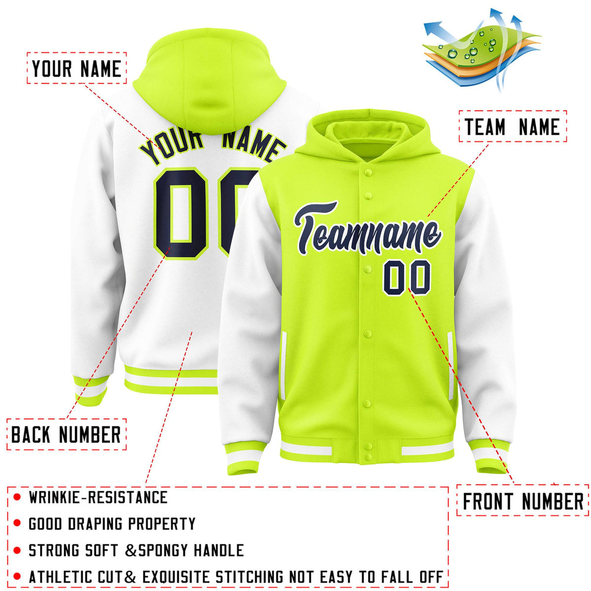Custom Neon Green White Raglan Sleeves Varsity Full-Snap Letterman Two Tone Jacket Hoodie| KXKSHOP