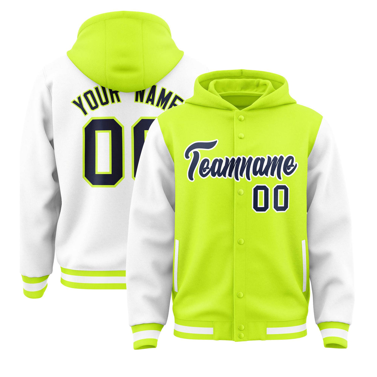 Custom Neon Green White Raglan Sleeves Varsity Full-Snap Letterman Two Tone Jacket Hoodie| KXKSHOP